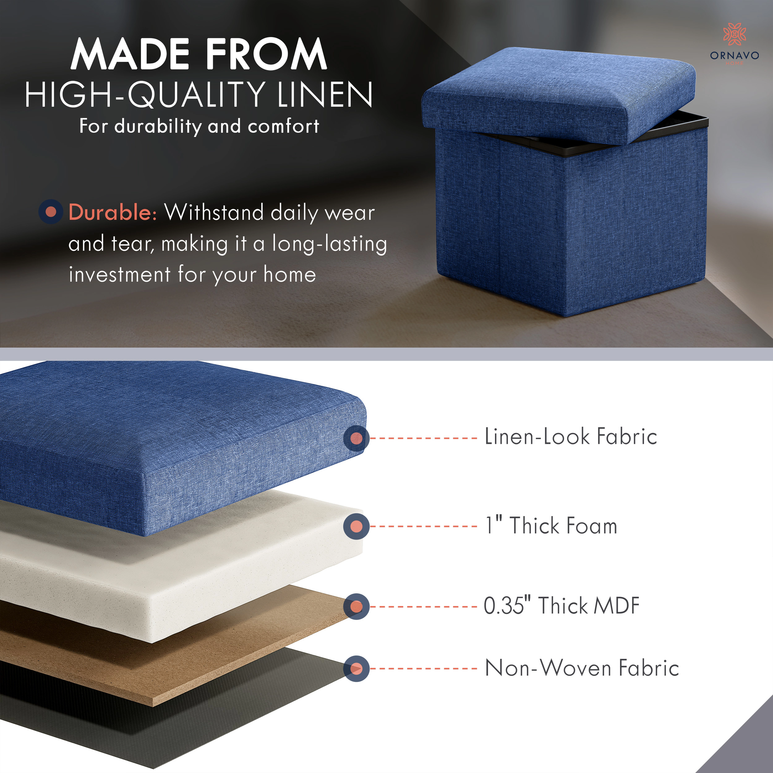 Ornavo Home Collapsible Small 12" Inch Square Storage Ottoman