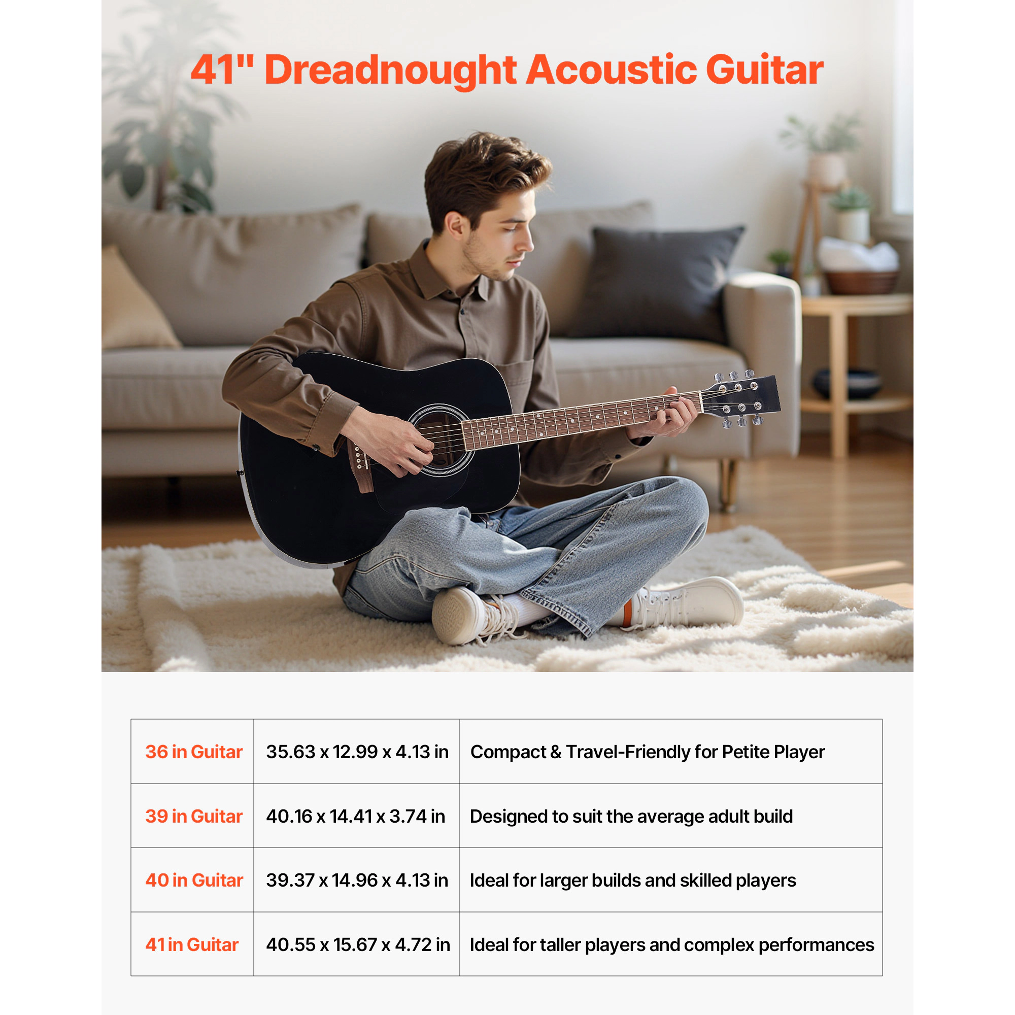 HONGGE Dreadnought Acoustic Guitar 6-String Solid Top Guitar Beginner Bundle with Gig Bag Tuner Strap Strings Picks
