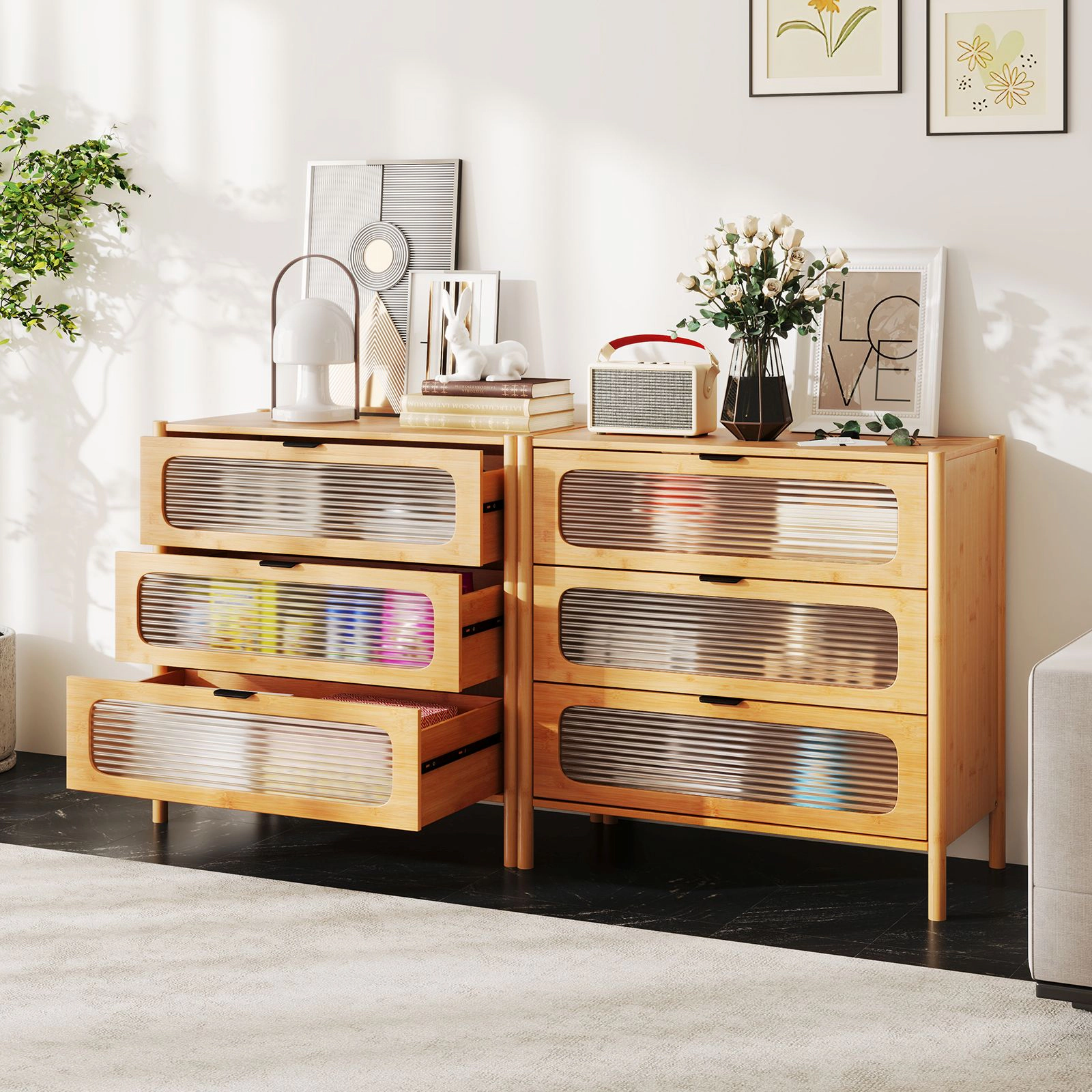 SlickBlue 3-Drawer Reeded Glass Front Storage Dresser