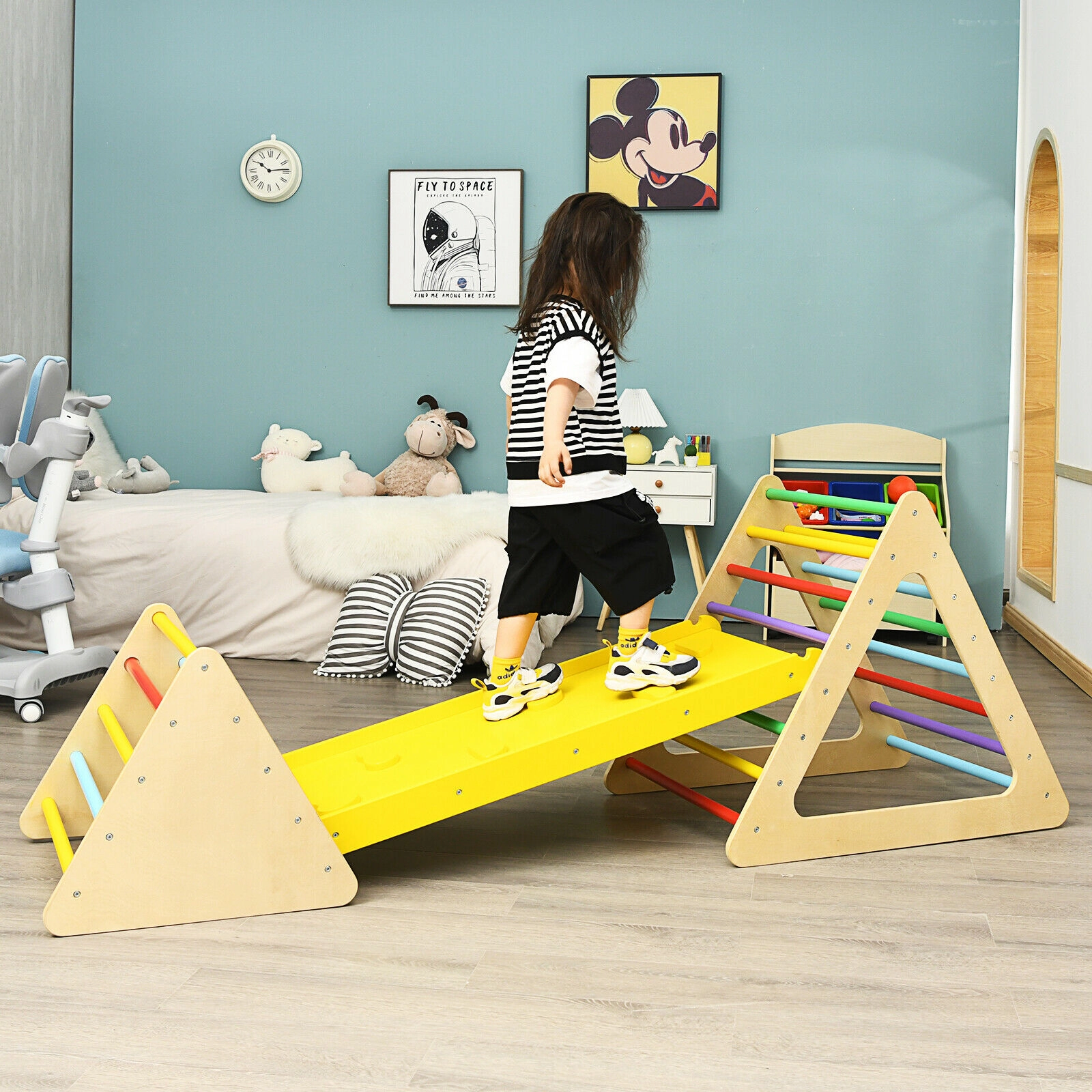 LJG Kids 3 in 1 Wooden Set of 2 Triangle Climber with Ramp for Slid