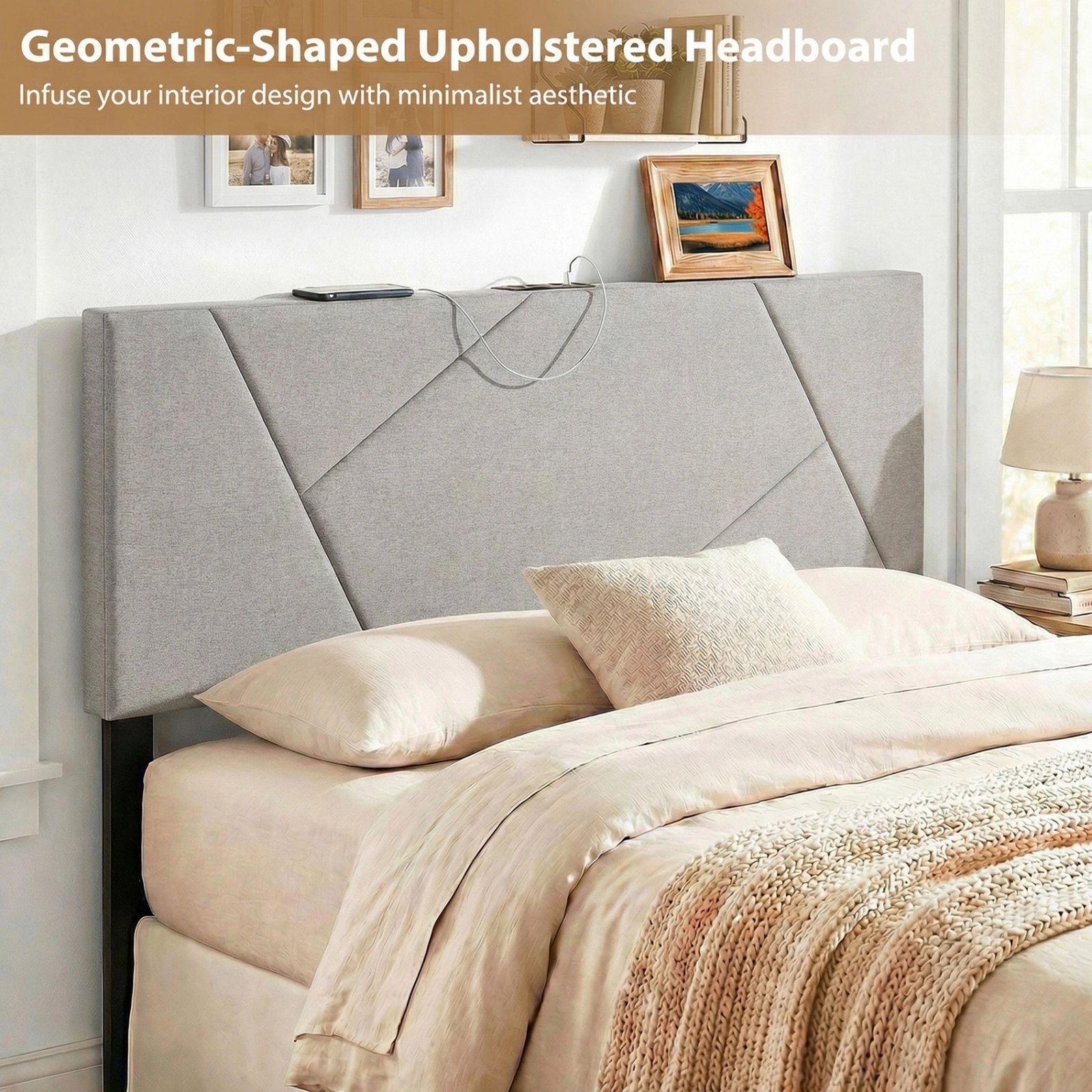SUGIFT Geometric Upholstered Headboard with Outlets for Full and Queen Beds Gray