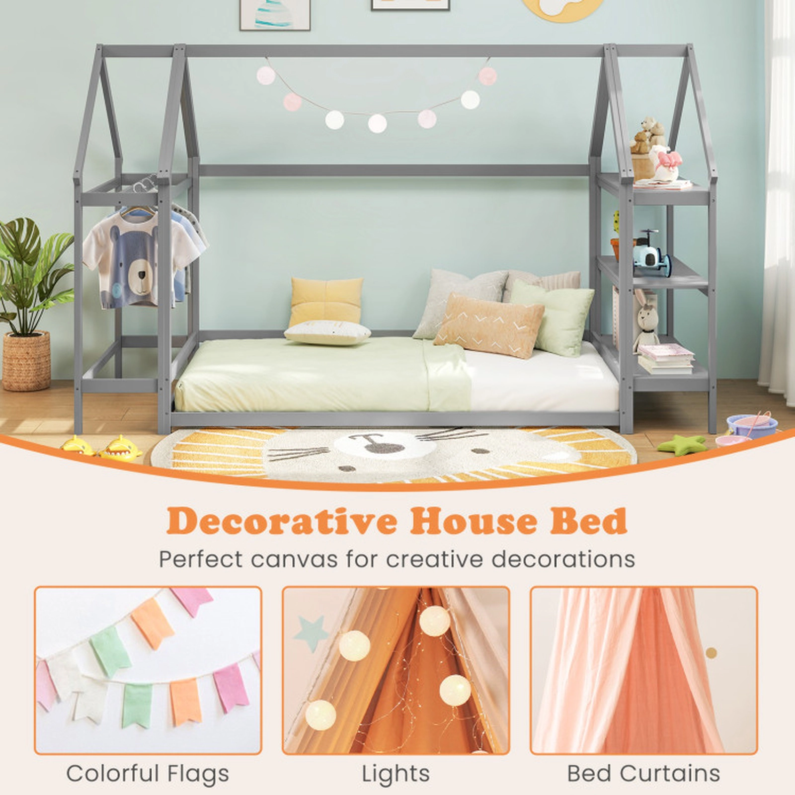 SUGIFT Gray Detachable Storage Shelves and Coat Rack Twin Kids Montessori House Floor Bed