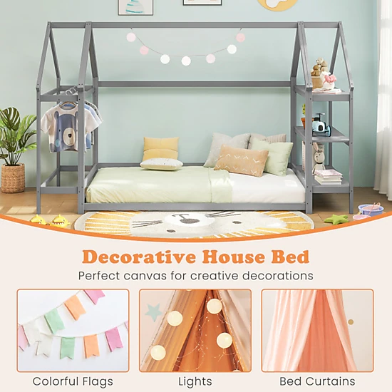 SUGIFT Gray Detachable Storage Shelves and Coat Rack Twin Kids Montessori House Floor Bed