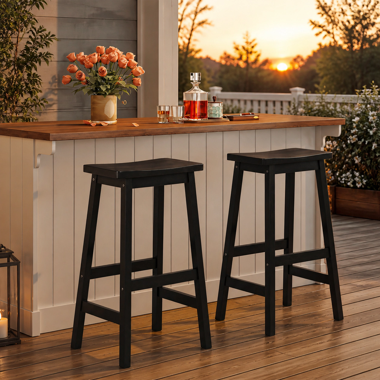 SUGIFT Set of 2 Black 29 in. Backless Rubber Wood Saddle Bar Stools