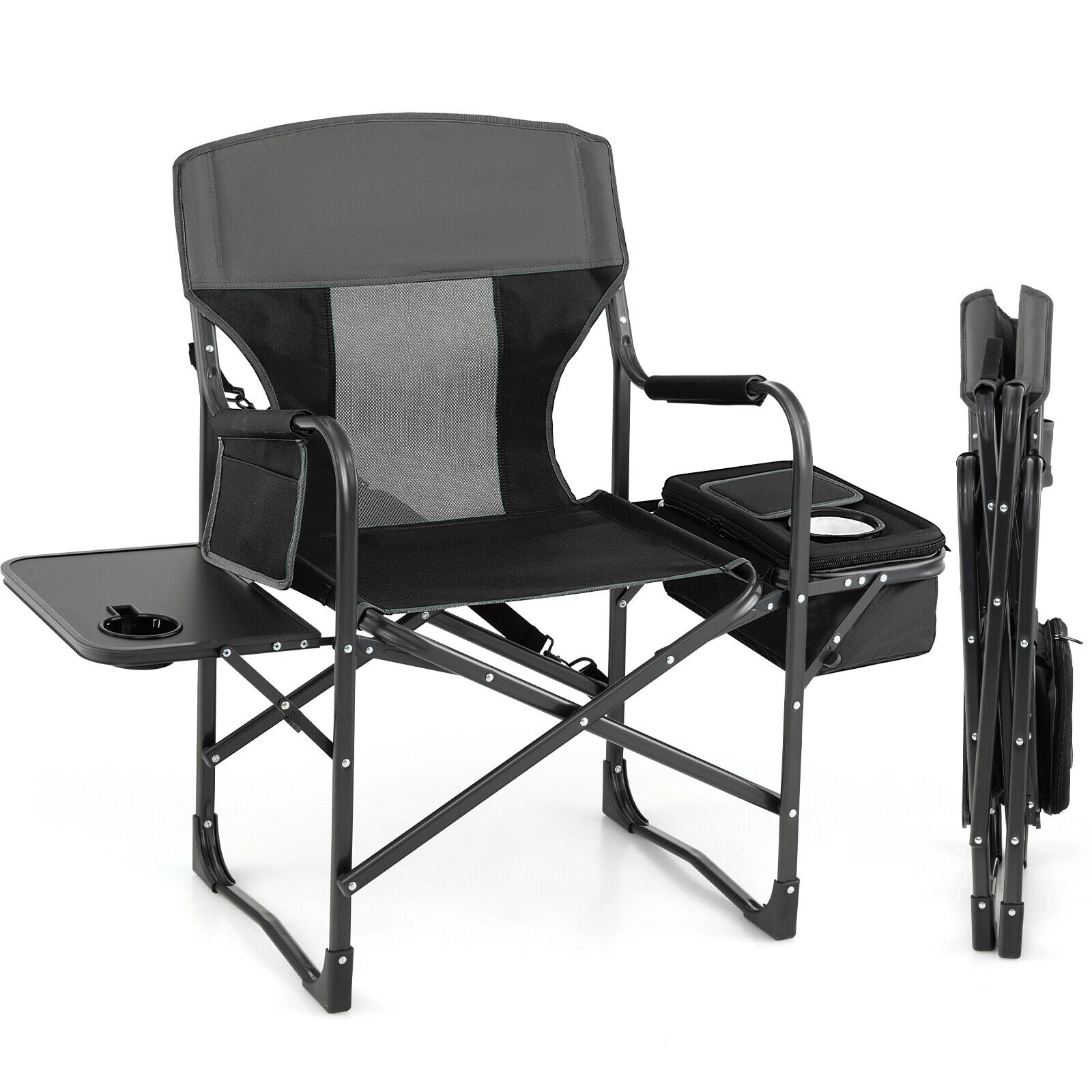 SUGIFT Black Folding Directors Chair with Cooler Bag and Side Table 45-in W 22-in D 39-in H 400-lb Seat Capacity