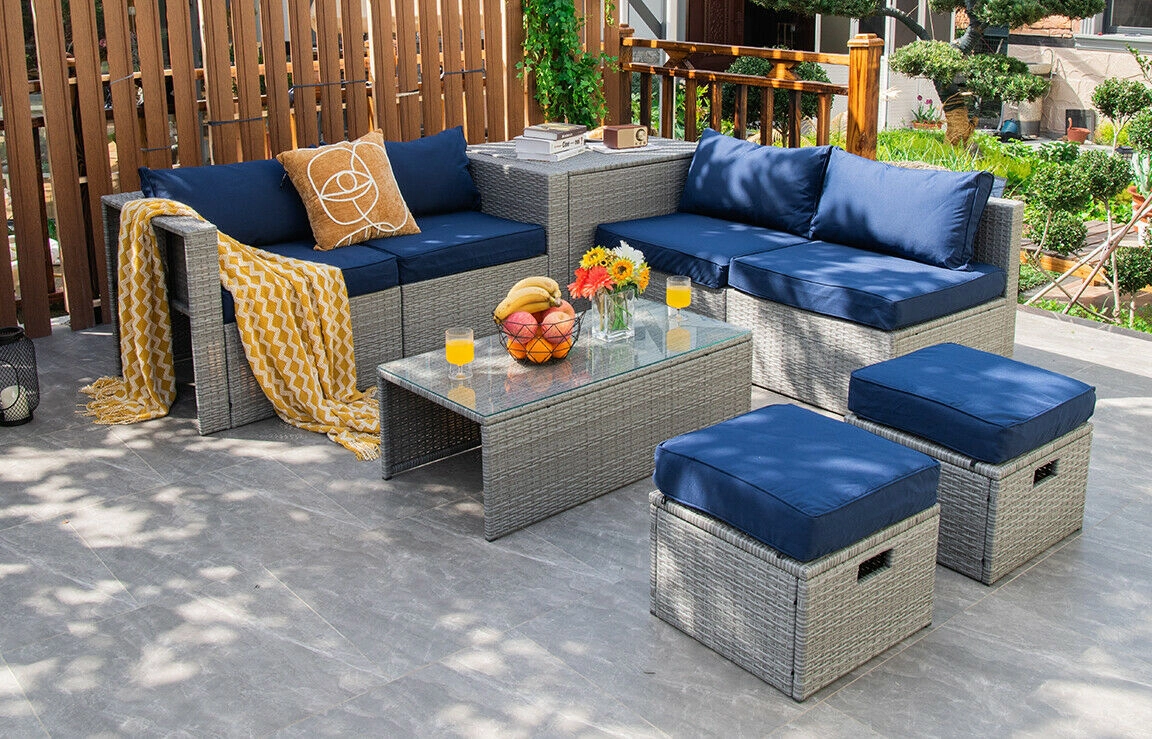 SUGIFT 8-Piece Navy Rattan Patio Sectional Set with Glass Table, Storage Box and Cover