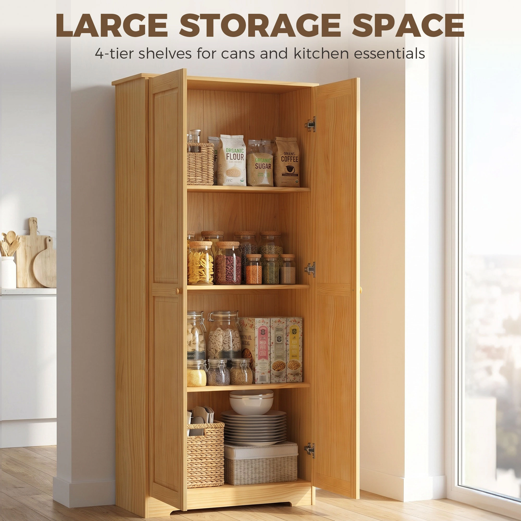 HONGGE 67" Pinewood Kitchen Pantry Storage Cabinet, Freestanding Cabinets with Doors and Shelves, Dining Room