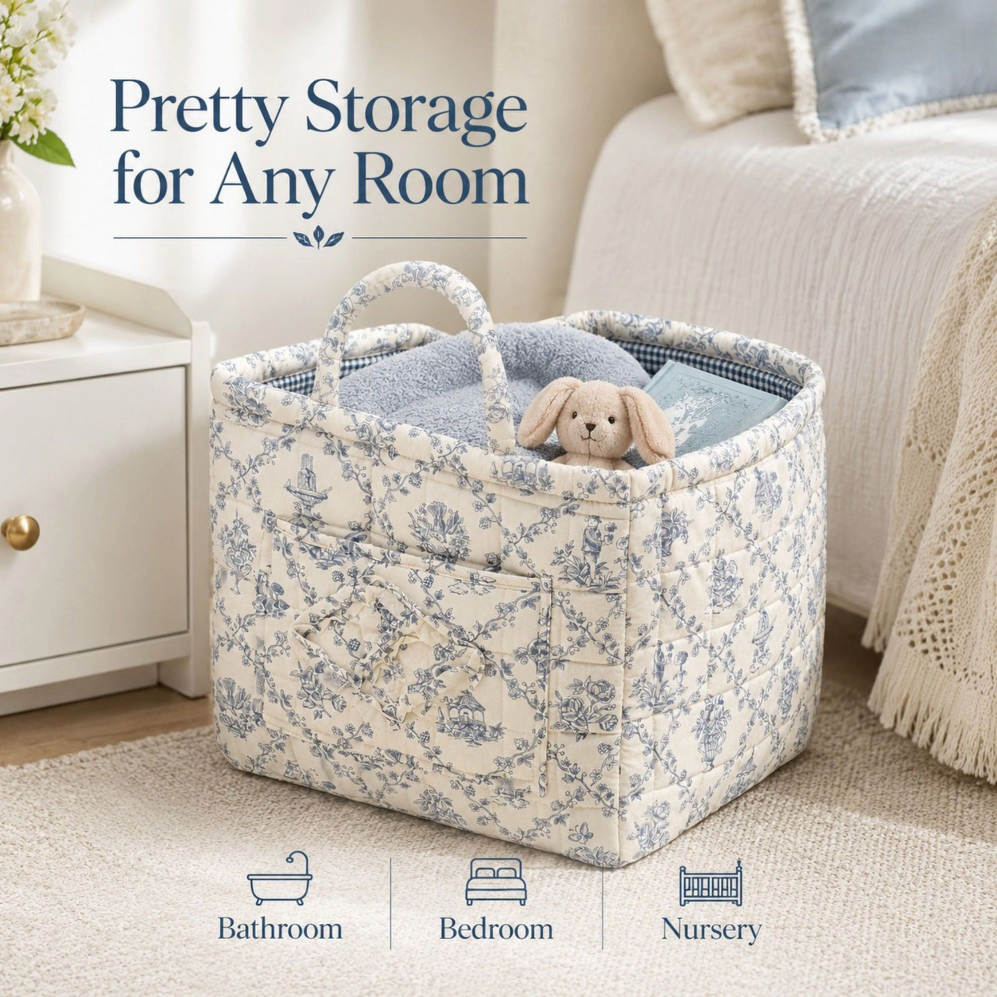 Alilang Unisex Quilted Floral Storage Caddy with Handles for Dorm Bathroom Vanity and Laundry Room