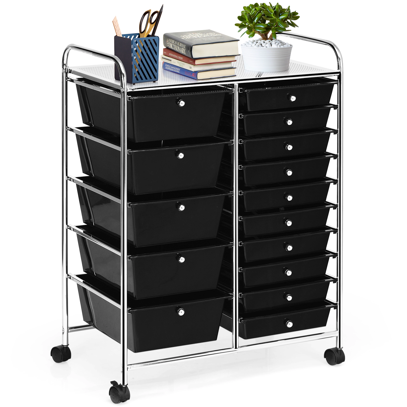 SUGIFT 15-Drawer Rolling Utility Organizer Cart with Steel Frame 22-lb Top Capacity Multi-Use Black
