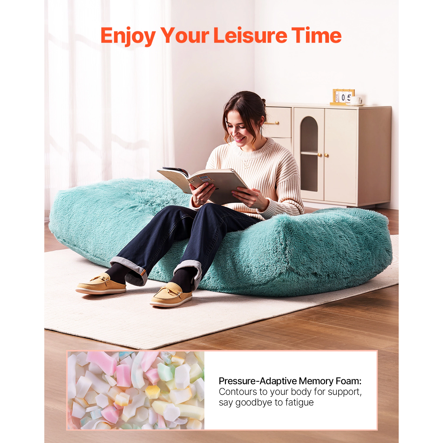 HONGGE Giant Floor Bean Bag Lounger, Long Low-Profile Design, Memory Foam Fill, Zippered Cover, Blue