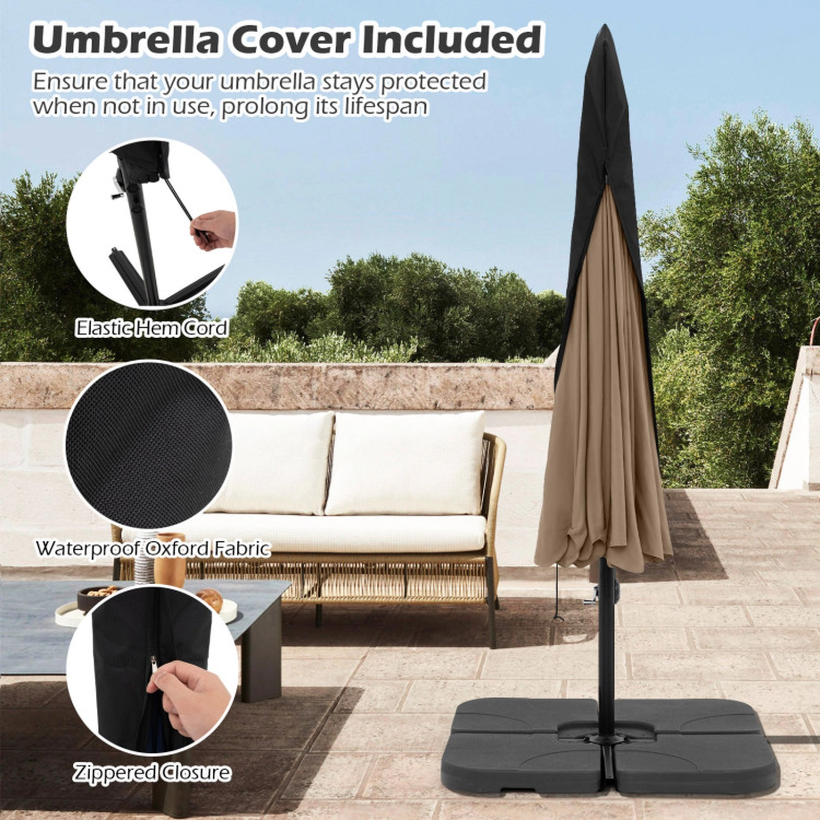 SUGIFT Taupe Protective Cover 45-Degree Tilt and Ruffled Edge 10 FT Cantilever Patio Umbrella