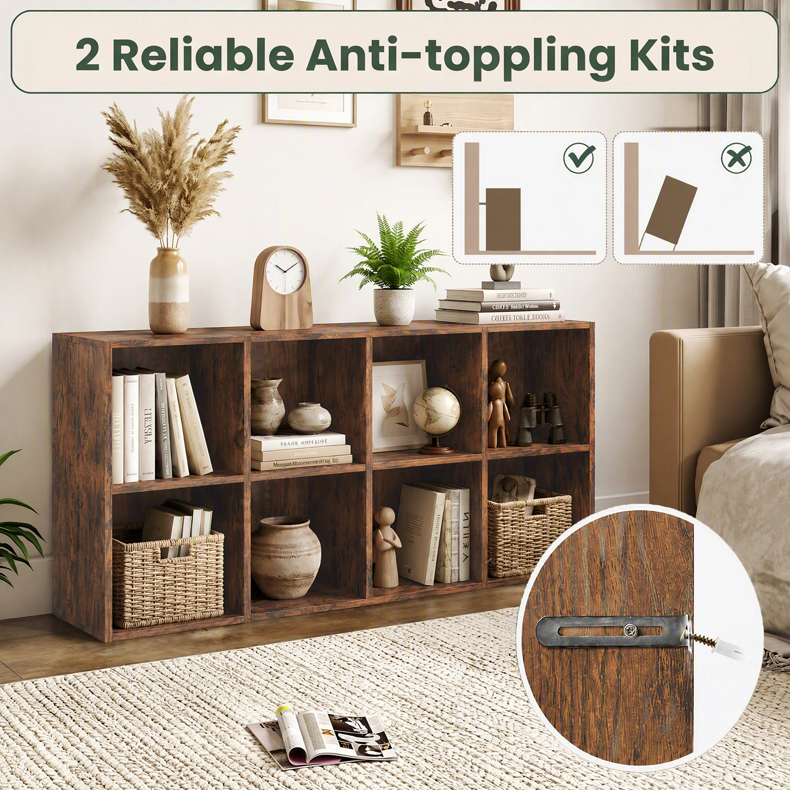 Costway 8-Cube Bookcase Bookshelf with 2 Anti-Tipping Kits Storage Organizer,Natural Natural