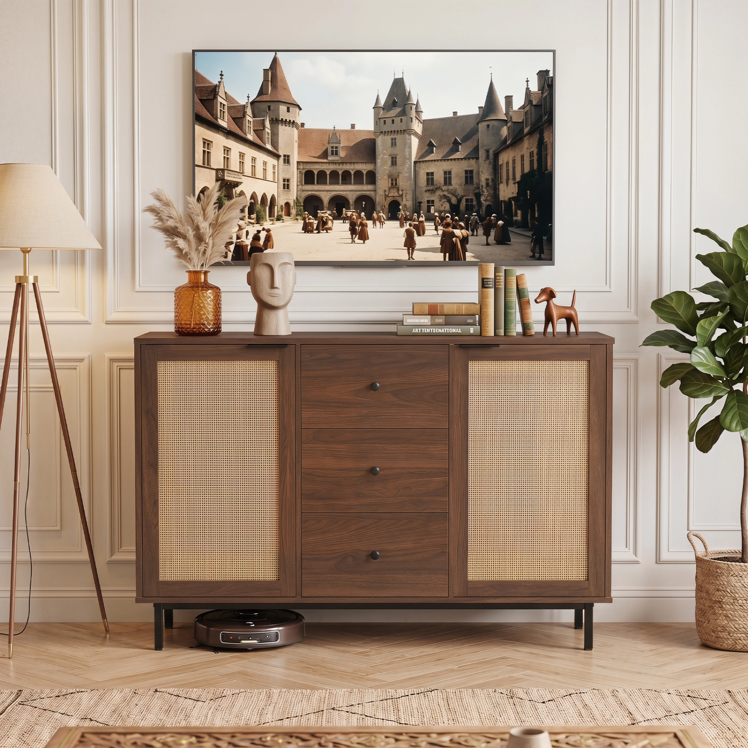 Glintex 47.5-Inch Farmhouse Coffee Bar with Rattan Doors and 3 Drawers