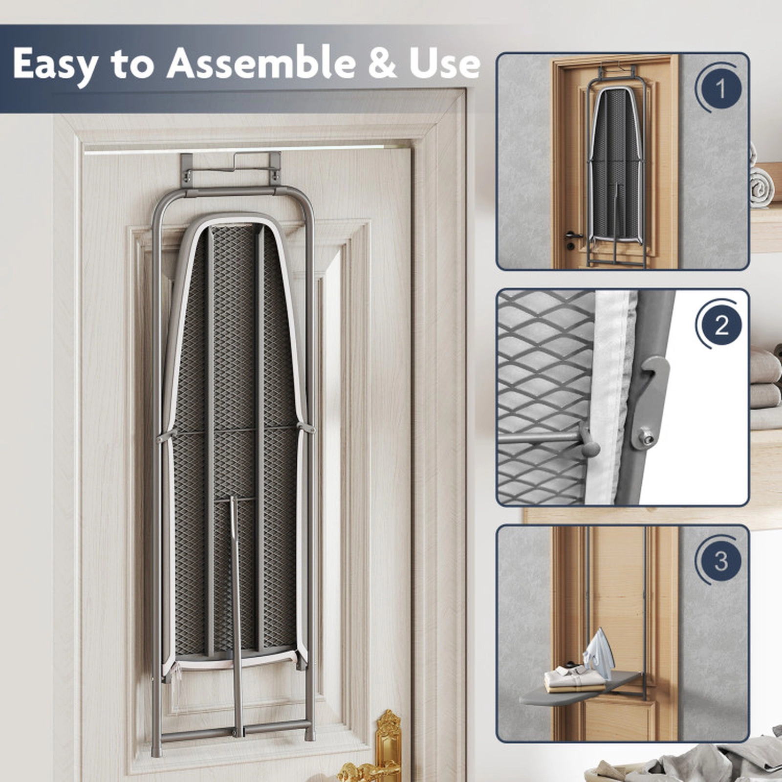 SUGIFT Gray Over the Door Folding Ironing Board with 42-in x 14.5-in Surface Iron Holder and Metal Frame