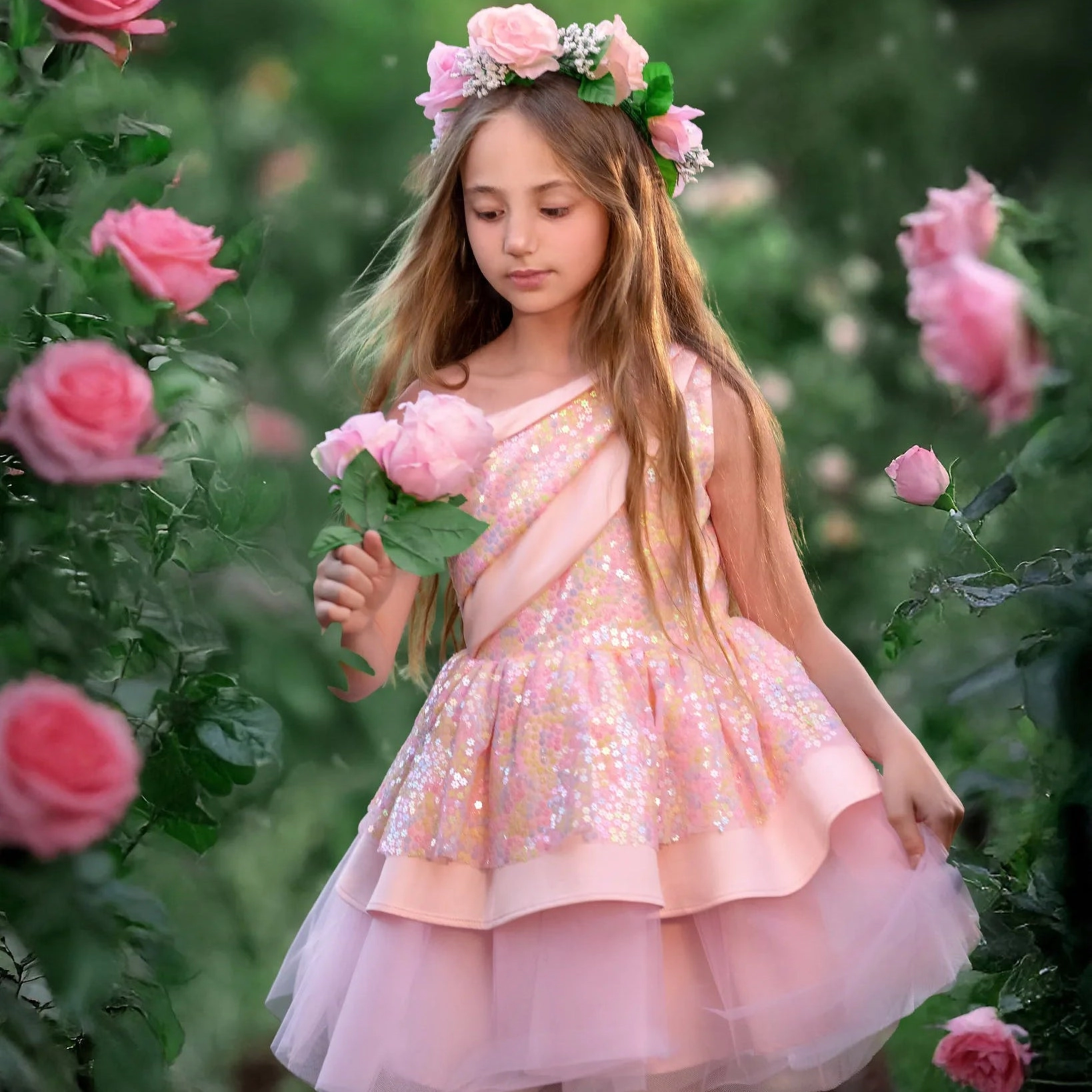 Faeella Girls Rosy Bloom Off-Shoulder Sequin Birthday Dress