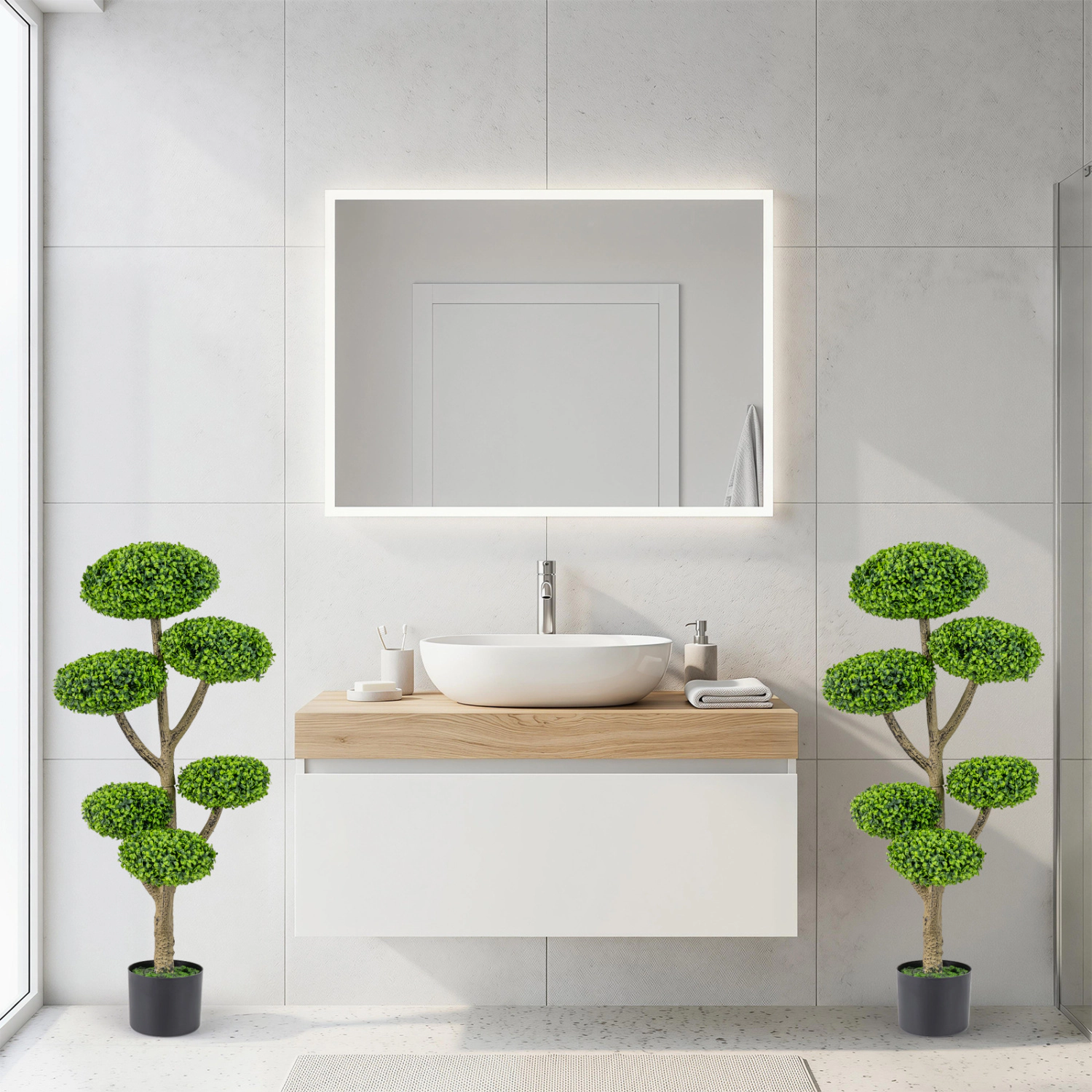 Slickblue Set of 2 Artificial Topiary Ball Tree Potted Faux Greenery Entryway Patio Office