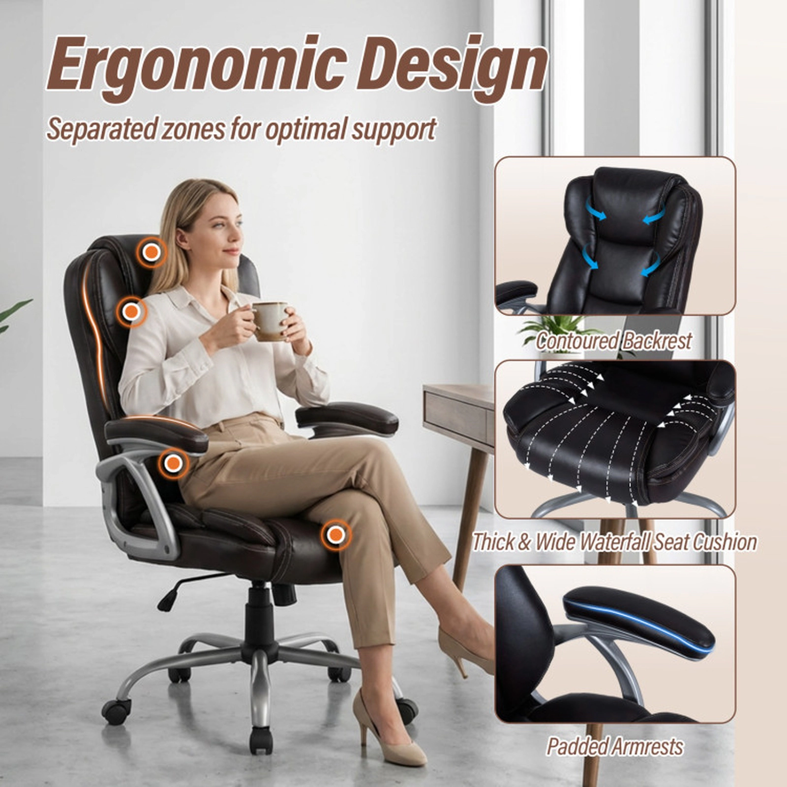SUGIFT Executive Office Chair Leather Computer Desk Chair 330-Lb Capacity Adjustable Seat Height with Padded Seat