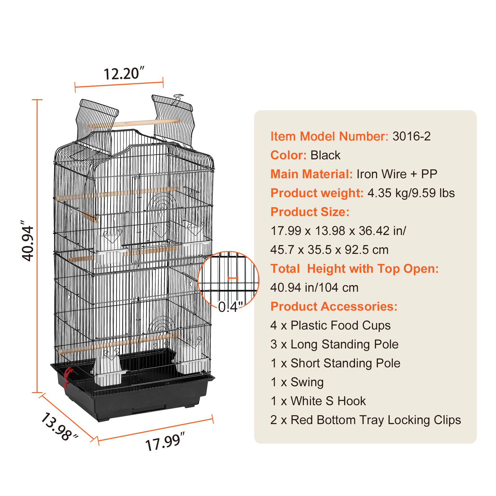 HONGGE Large Parrot Bird Cage with Swing and Perch for Parakeets Finches Canaries Lovebirds Cockatiels Budgies