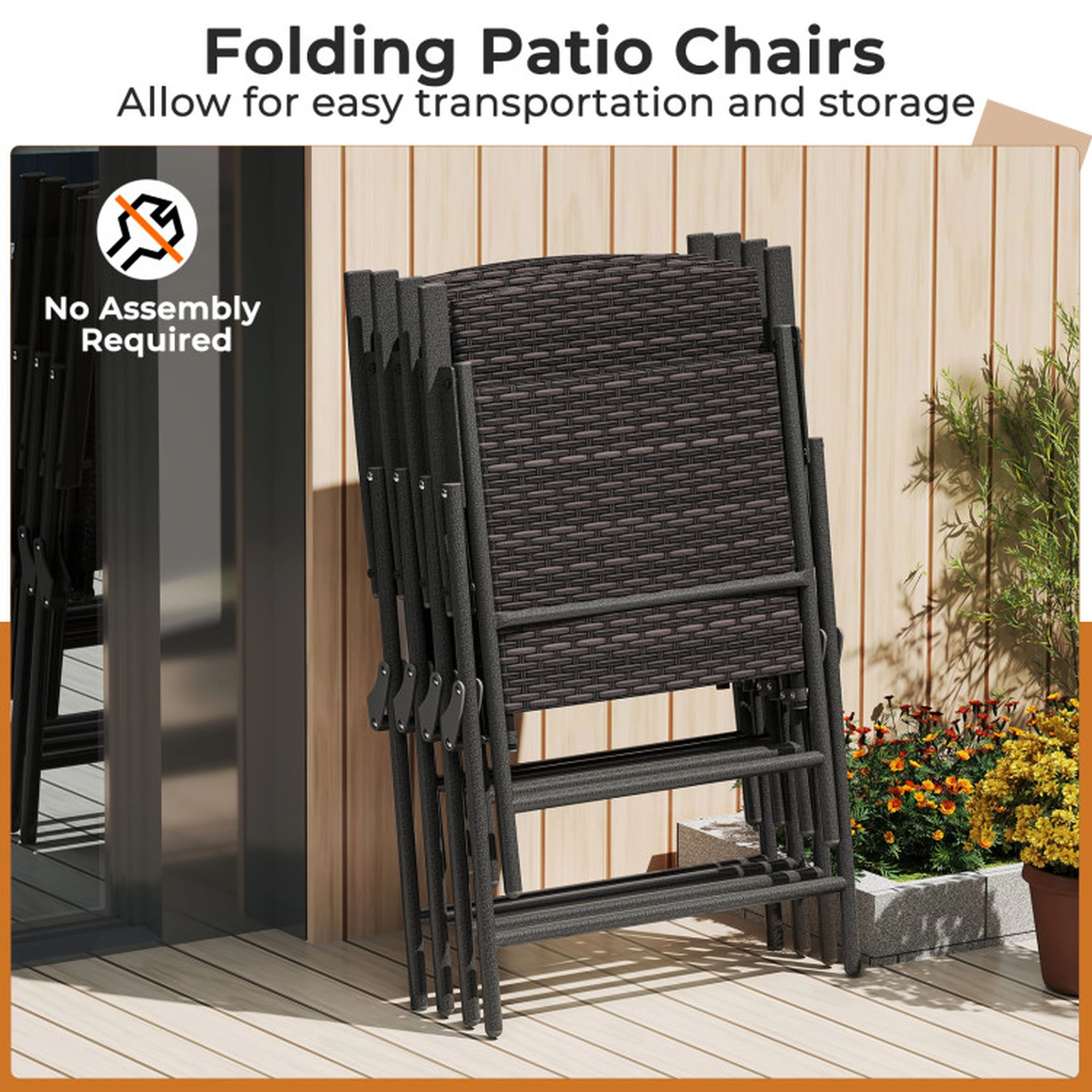 SUGIFT Set of 2 Folding PE Wicker Metal Frame Patio Dining Chairs 24-in x 21-in x 37-in 400-lb Capacity Mixed Brown