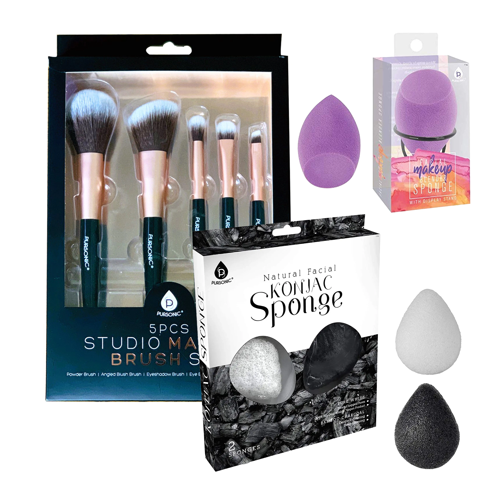 Pursonic Women's Beauty Essentials Bundle: Facial Makeup Blender Sponge, Konjac Facial Sponge Duo Set & 5-Piece Studio Makeup Brush Set
