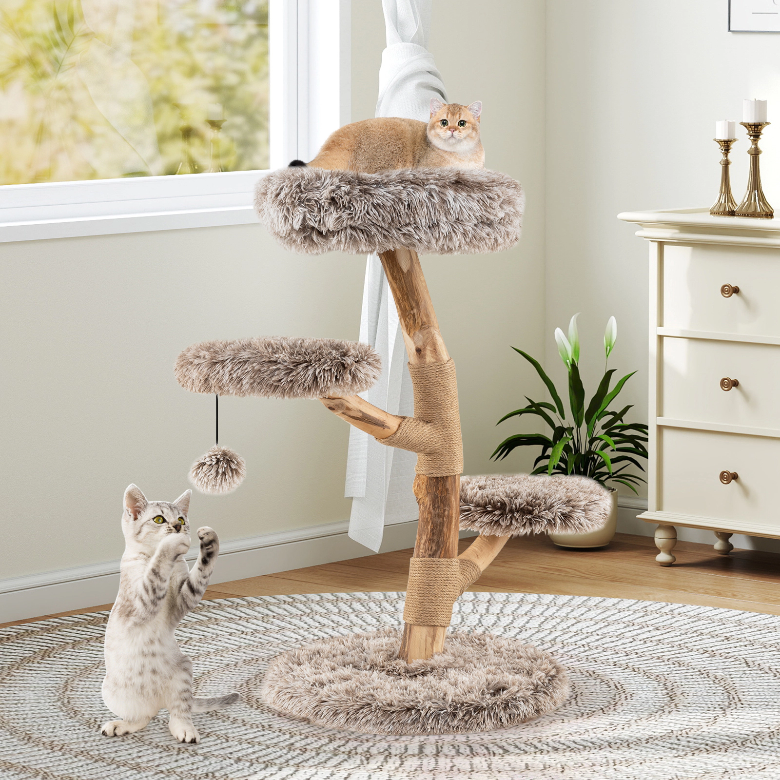 SUGIFT Brown Pear Wood Cat Tree with Plush Perch and Jute Scratching Posts 19.5-in Dia 35.5-in H 22-lb Per Layer