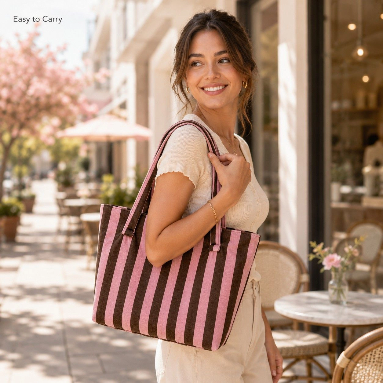 Alilang Women's Striped Terry Cloth Tote Bag Roomy Beach and Travel Shoulder Carryall, Green White Stripe