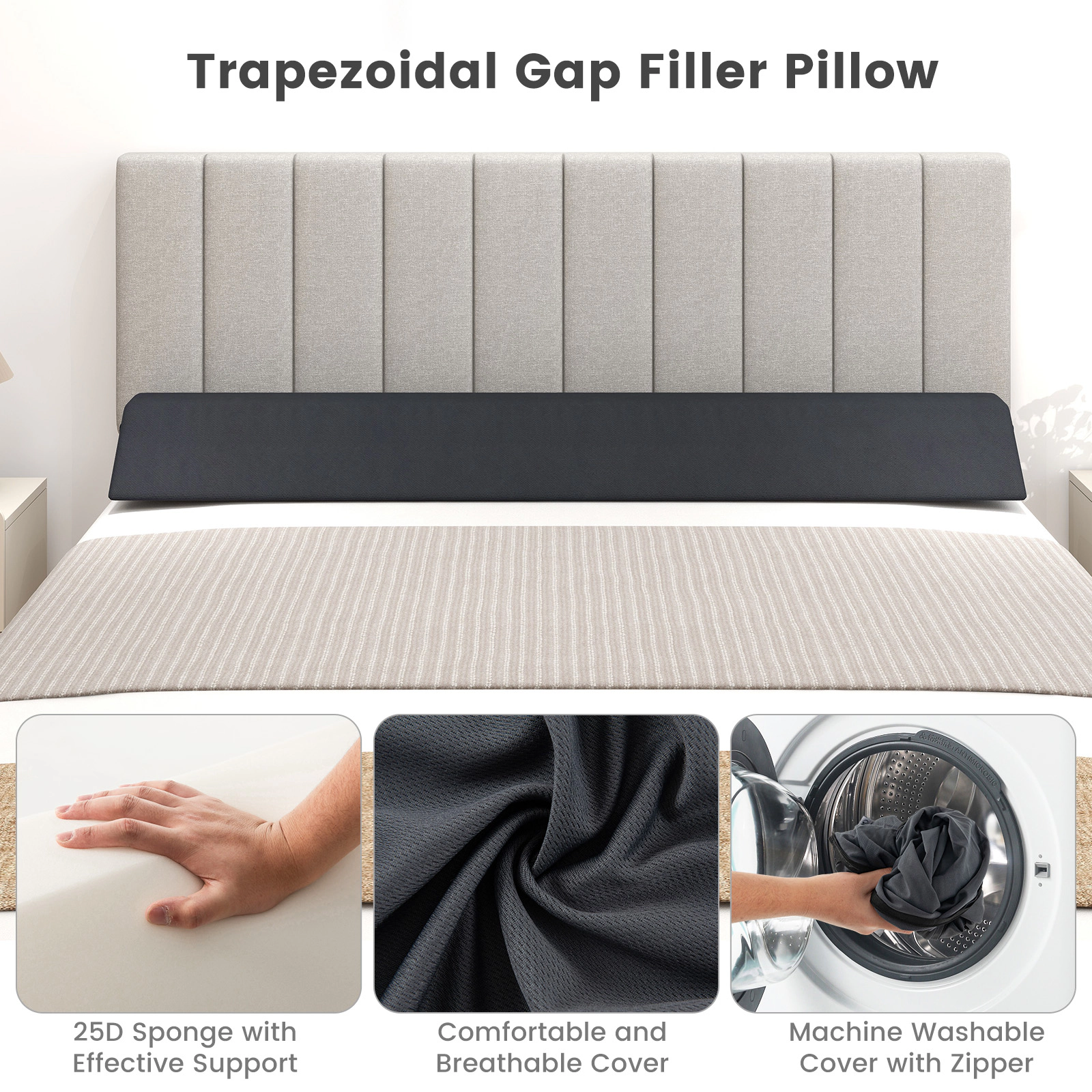 SUGIFT Queen Size Firm Foam Washable Cover Headboard Gap Filler Bed Wedge Pillow 60-in x 10-in x 5-in 4.5-in Top Gray
