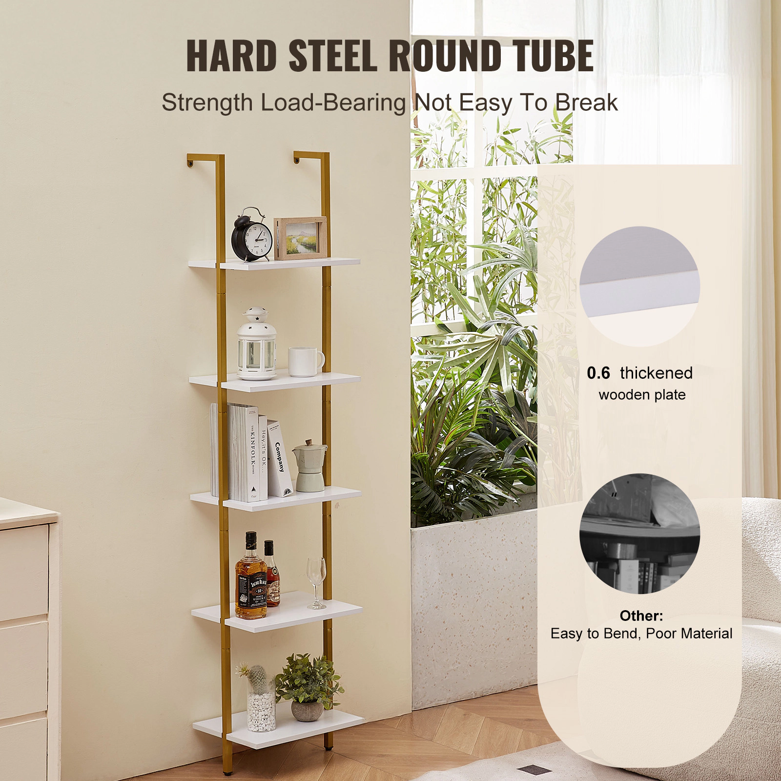 HONGGE 5-Tier Wall-Mounted Ladder Shelf, Gold Metal Frame & Wood Boards, 15.6 x 11.8 In, 50 lb Per Shelf
