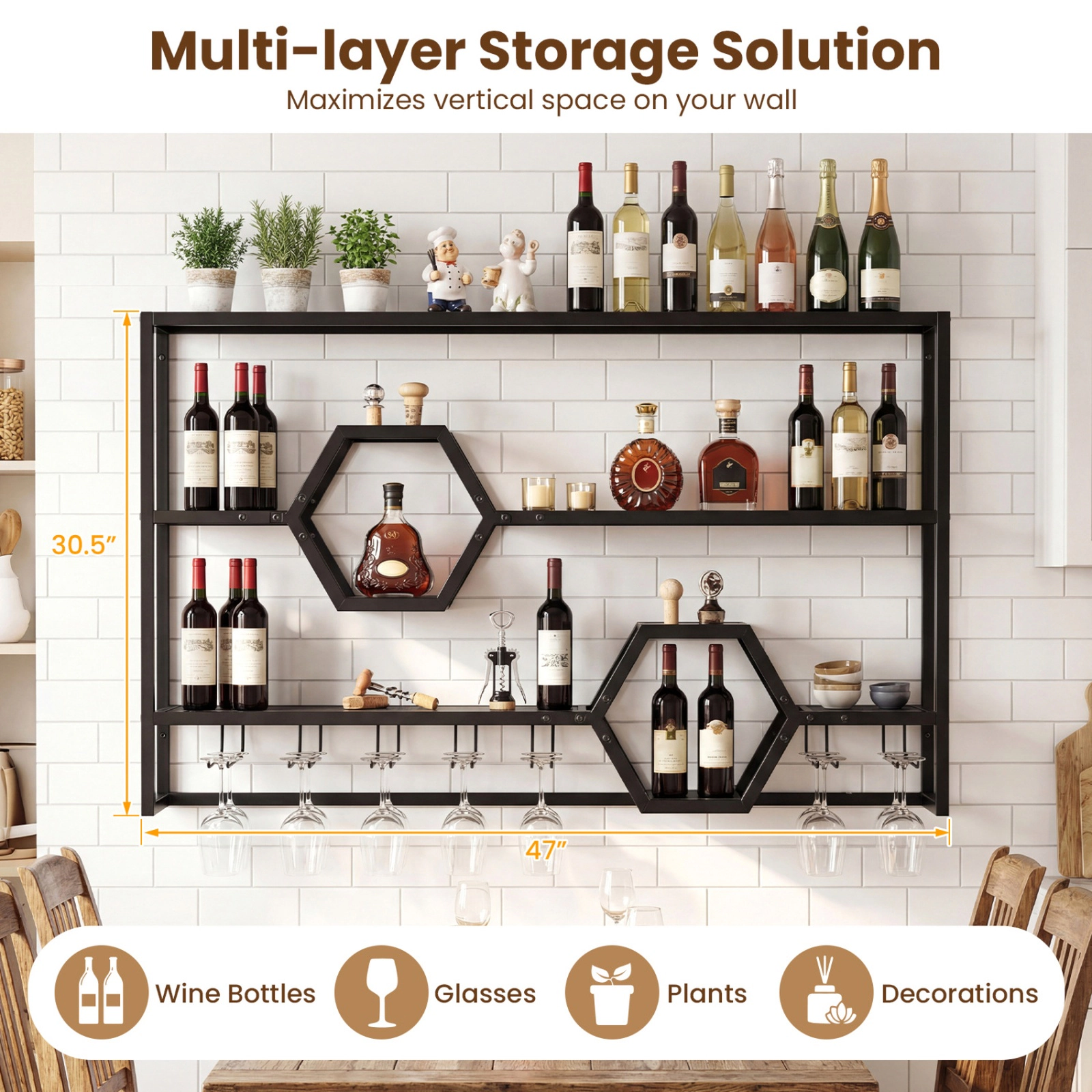 SUGIFT 47-in Wall Mounted Metal Wine Rack with 3 Floating Bar Shelves 352-lb Total Capacity Black/Gold