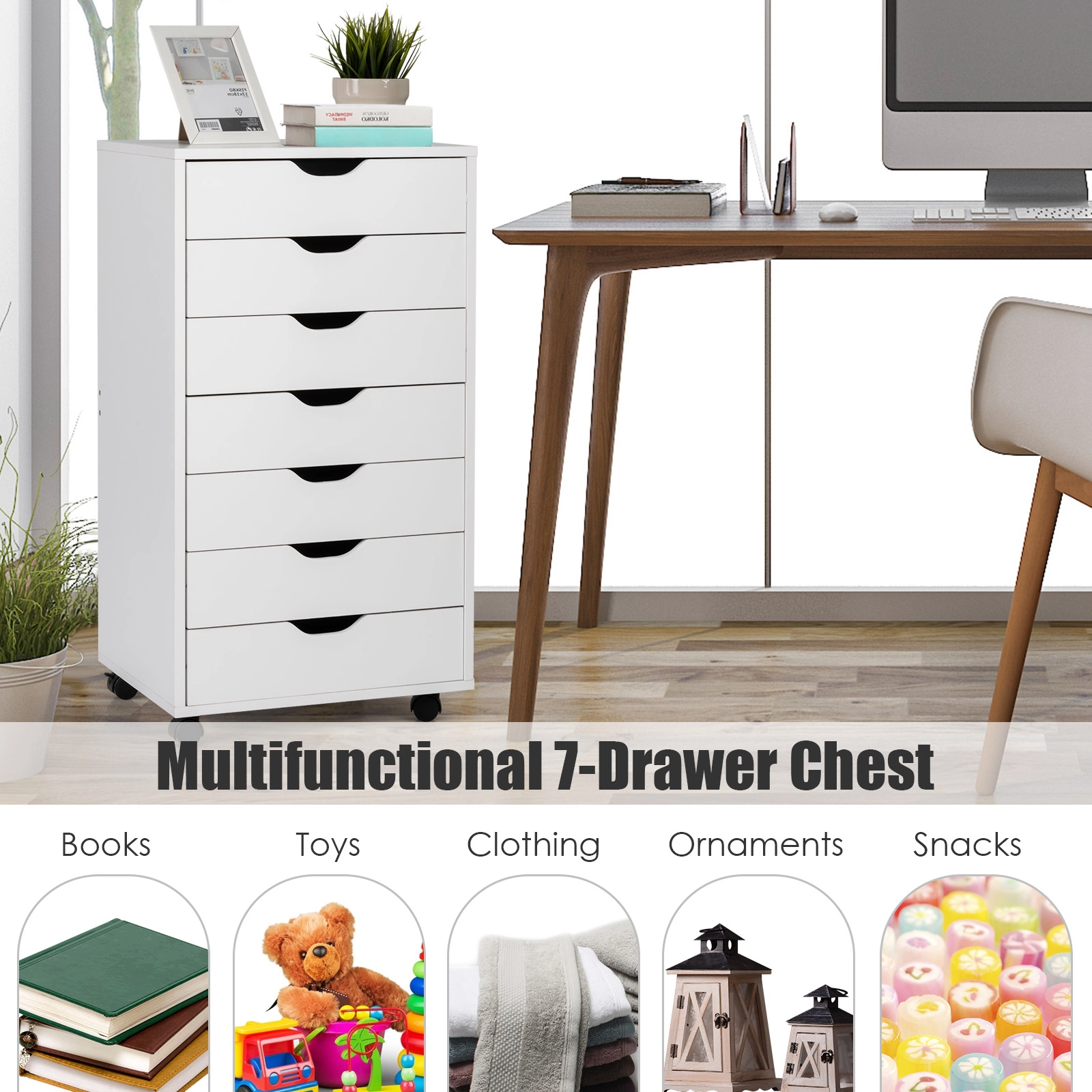 SUGIFT 7-Drawer MDF Engineered Wood Floor Cabinet Storage Dresser with Wheels 120-lb Capacity 19.5-in Wide White