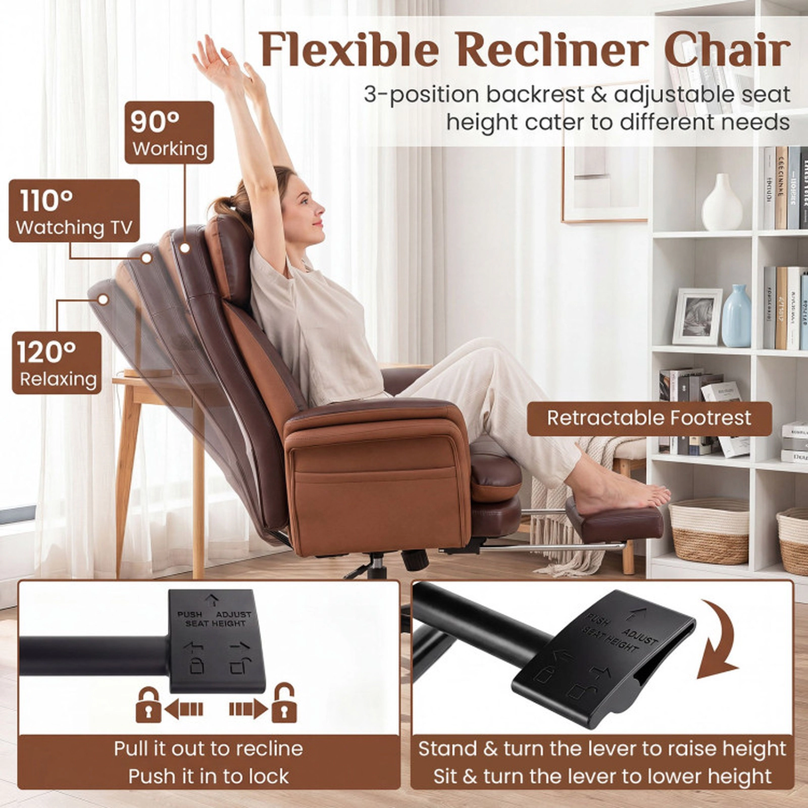 SUGIFT Big and Tall Faux Leather Office Chair with Retractable Footrest 500-lb Chair Capacity Brown