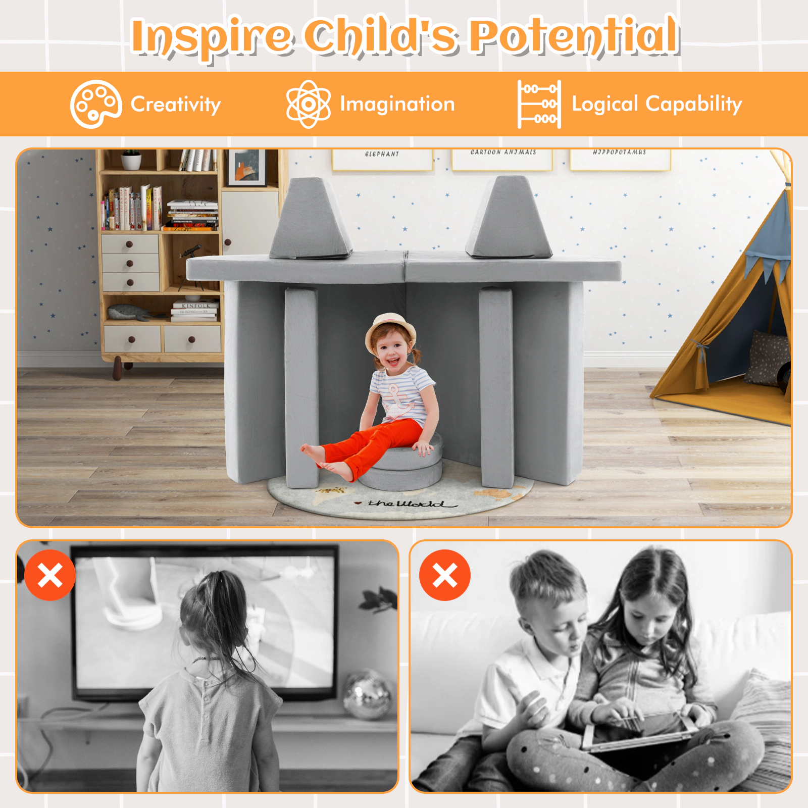 SUGIFT 10-Piece Gray Suede Modular Kids Play Couch Sofa Set with Portable Handle and Washable Covers