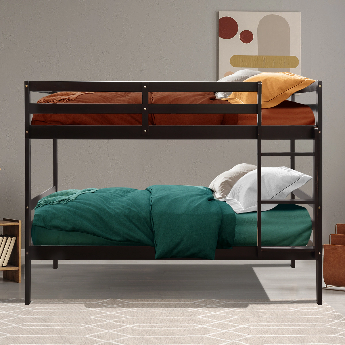 SUGIFT Twin-Over-Twin Bunk Bed with Guardrails and Wide Ladder 330-lb Upper 400-lb Lower Capacity Brown