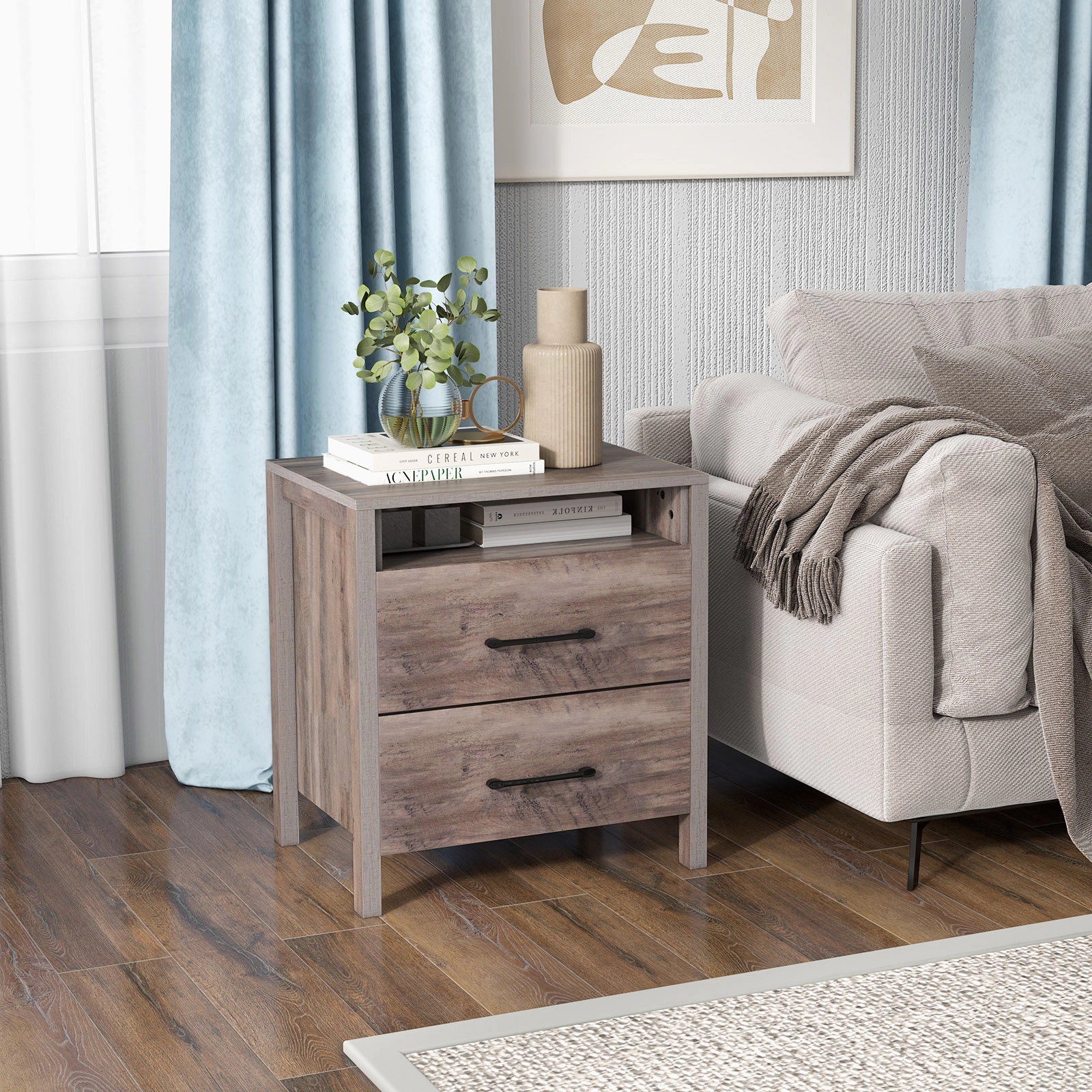 Glintex Farmhouse Nightstand with 2 Drawers and 17.5-Inch Open Storage Shelf, Gray