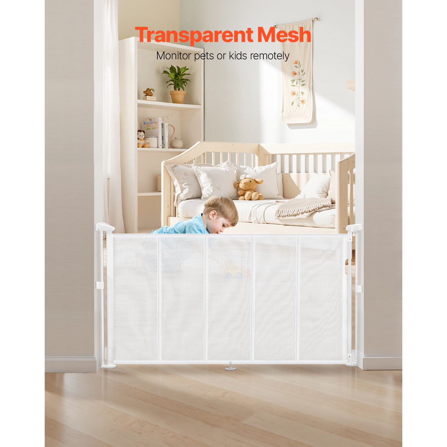 HONGGE Retractable Mesh Safety Gate, 34 in Tall, Extends up to 55 in Wide, Anti-Crawl for Stairs, White