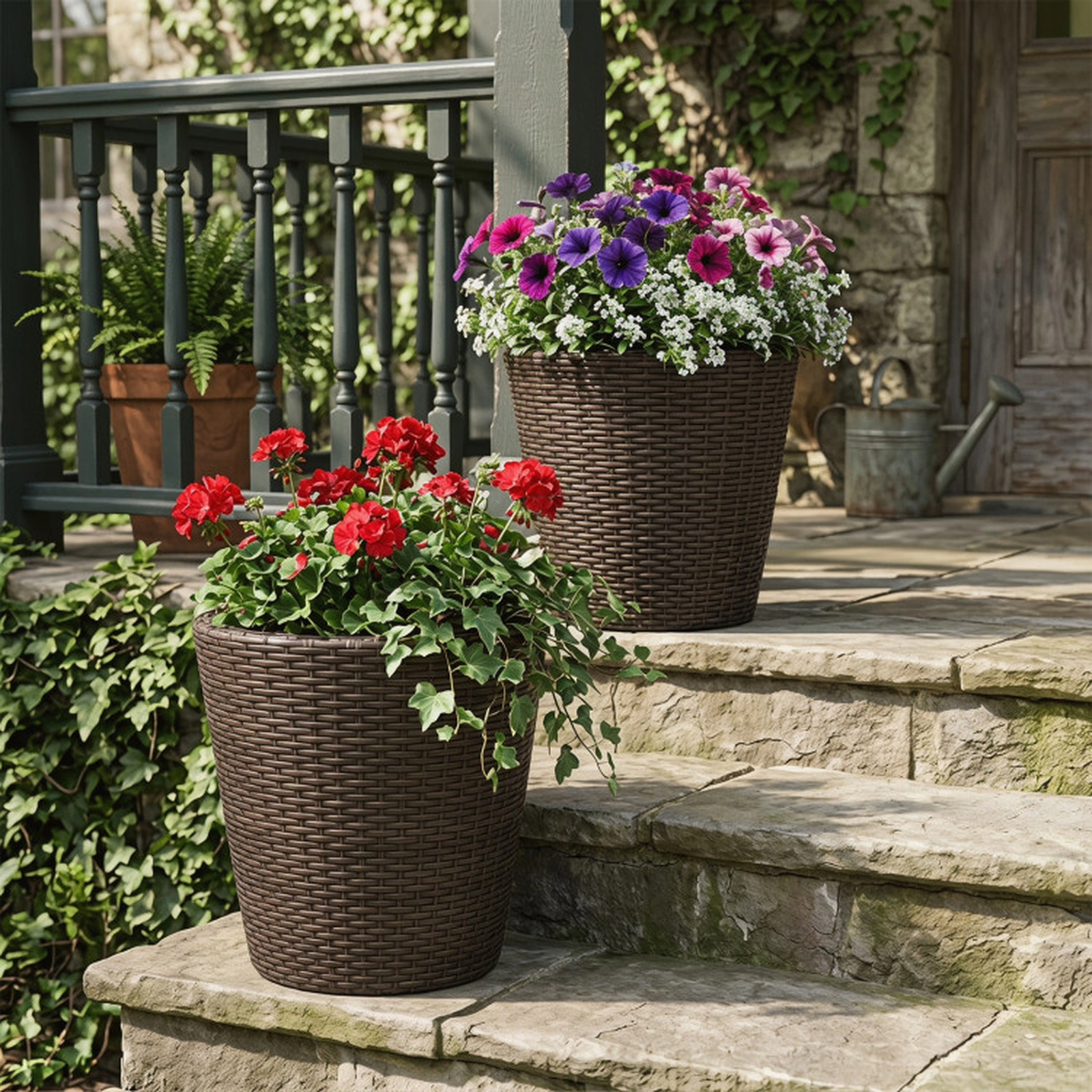 SUGIFT Set of 2 Brown Tapered Rattan Style Planters with Removable Inner Pots 15-in W 15-in D 15-in H