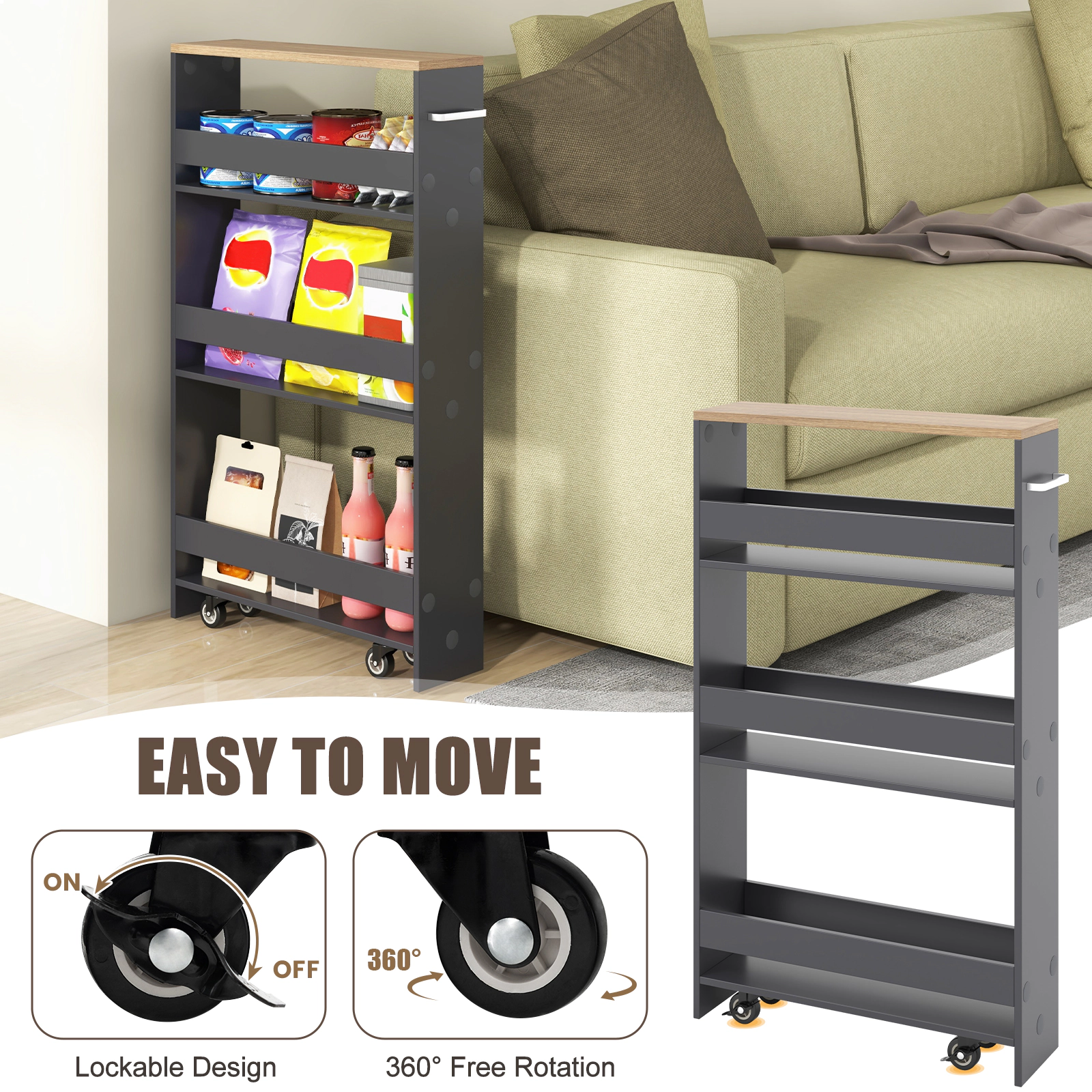 SUGIFT Slim Rolling Kitchen Storage Cart Mobile Shelving Organizer with Handle 22-lb Bottom Shelf Capacity 3-Tier Gray