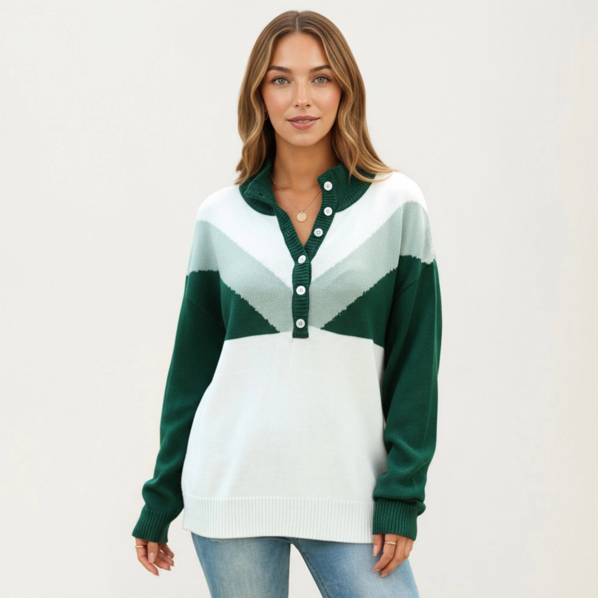 Anna-Kaci Women's Color Block Long Sleeve Knit Sweater with Button Collar and Ribbed Hem