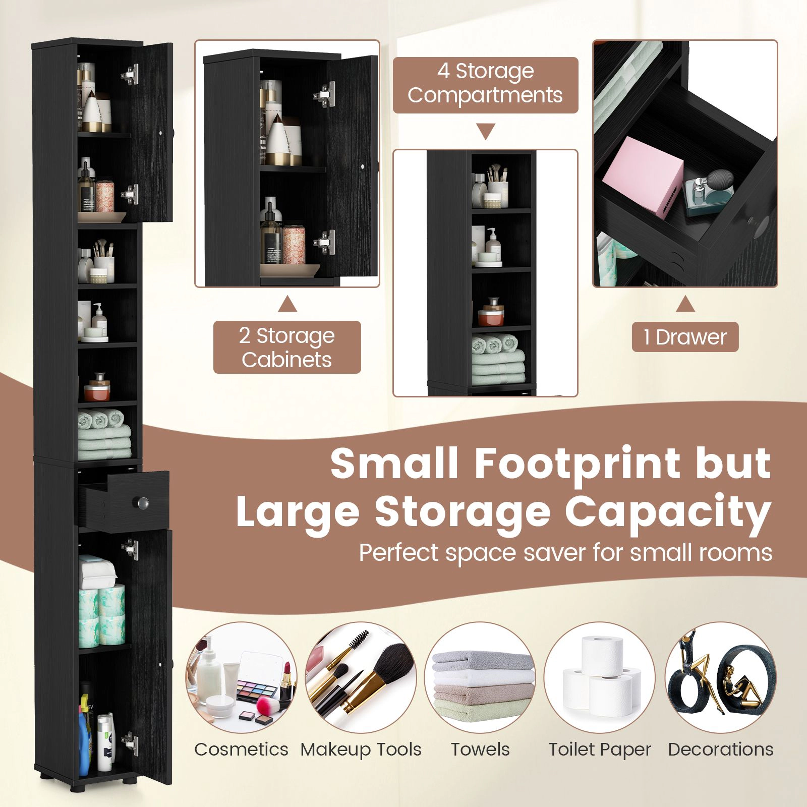 SlickBlue Tall Narrow Bathroom Storage Cabinet with Drawer & Adjustable Shelves