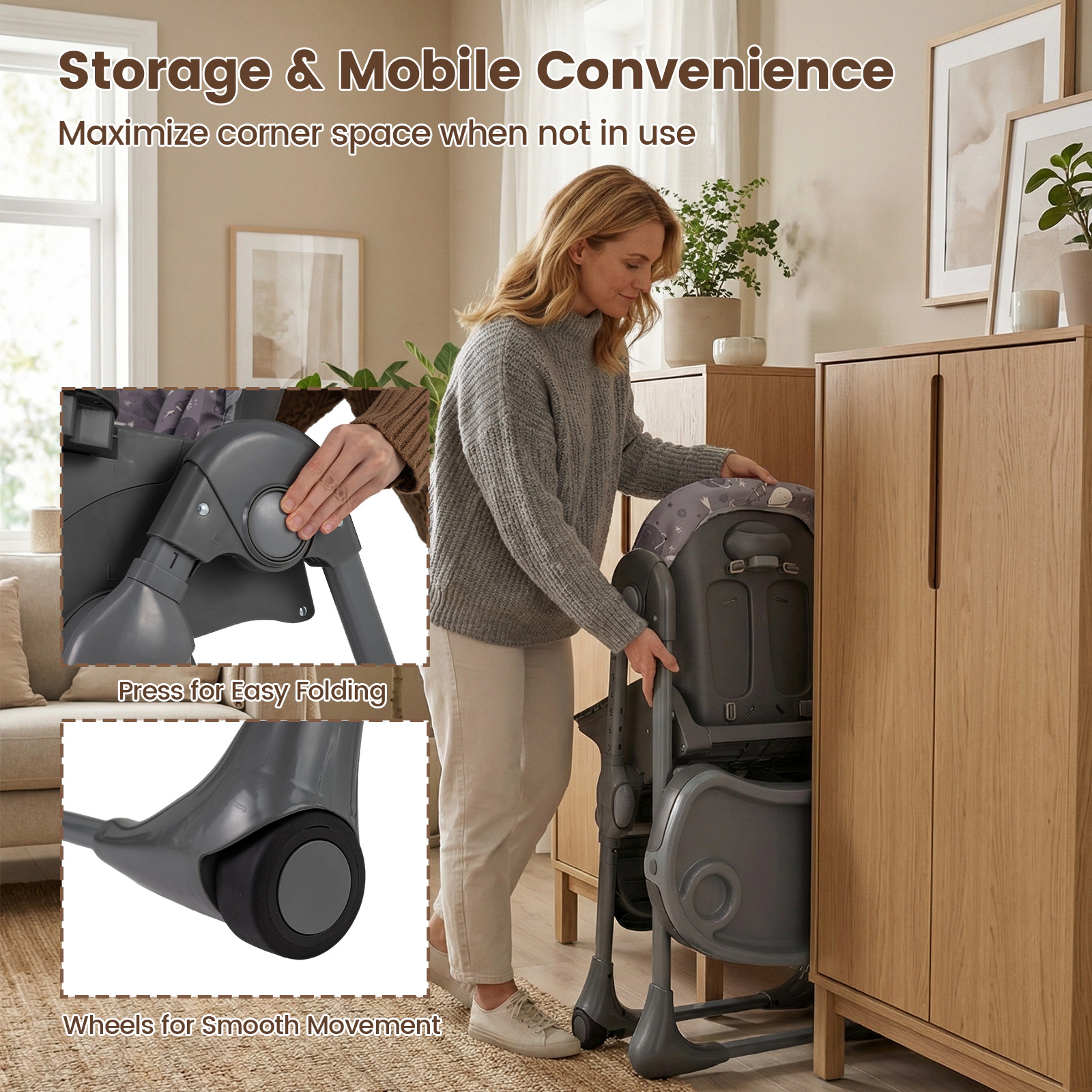 SUGIFT Foldable High Chair with Detachable PU Cushion, Double Tray and Wheels 33-lb Capacity Ages 6-36 Months Gray