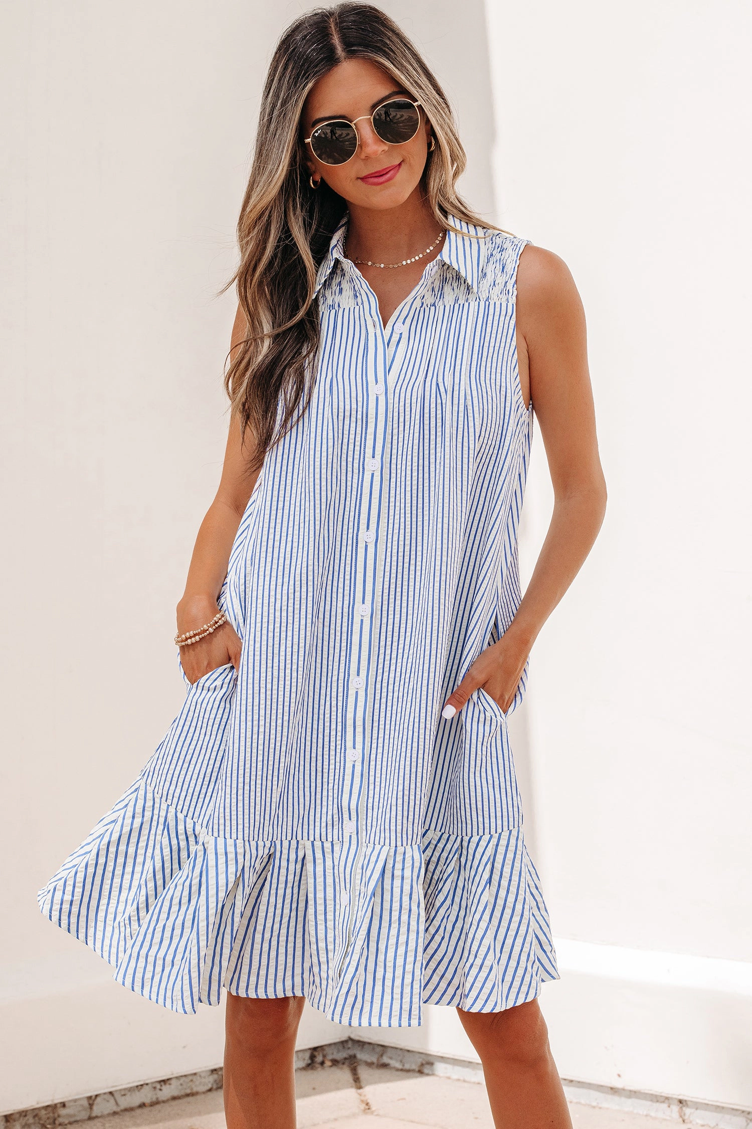 Threaded Pear Womens Noa Stripe Ruffle-Hem Mini Dress - Sky Blue Stripe