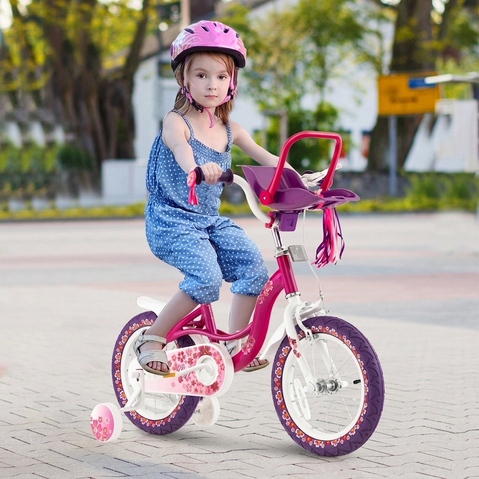 16-in Girls Bike Detachable Doll Seat Removable Training Wheels Hand/Coaster Brakes Wheel Reflectors Ages 4-7 Pink