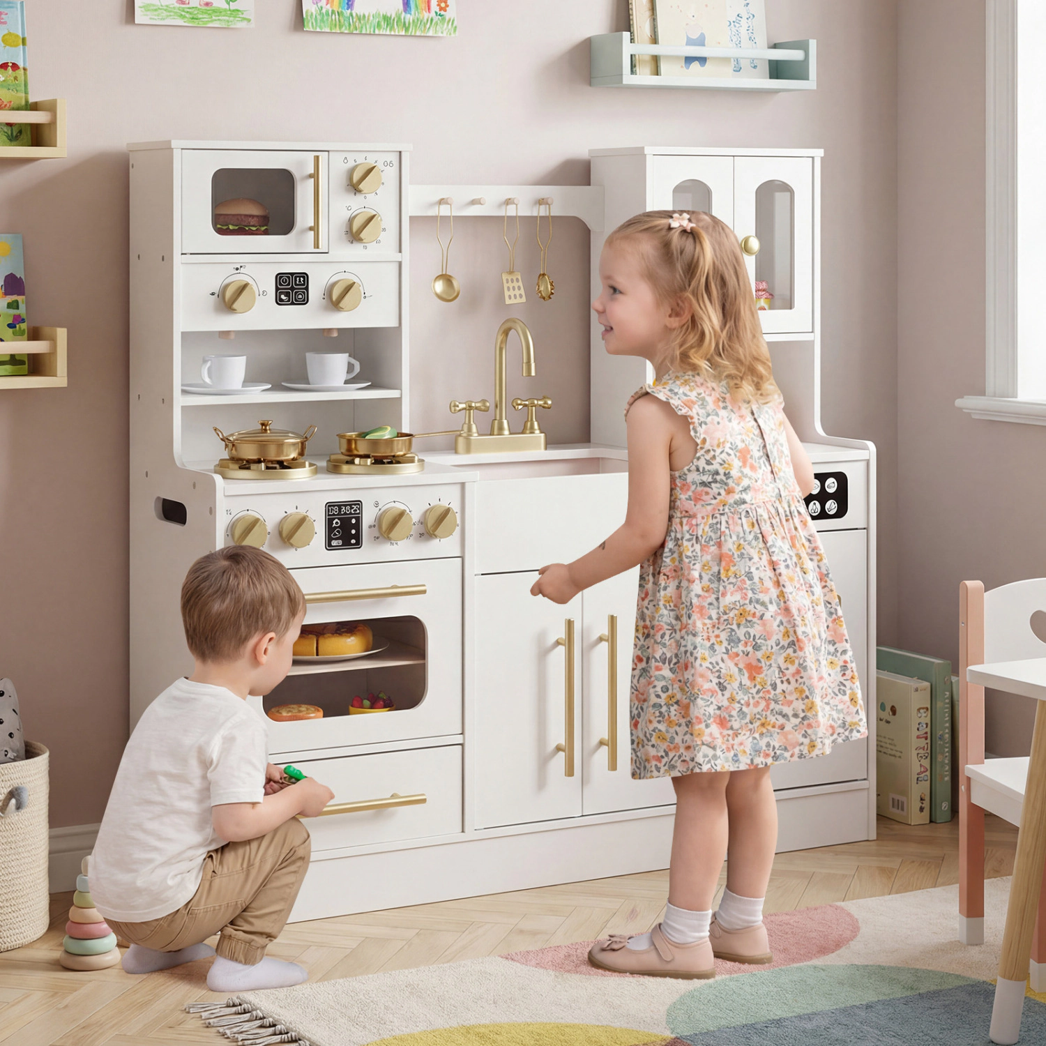 LJG Wooden Kids Kitchen Playset with Realistic Lights and Sounds
