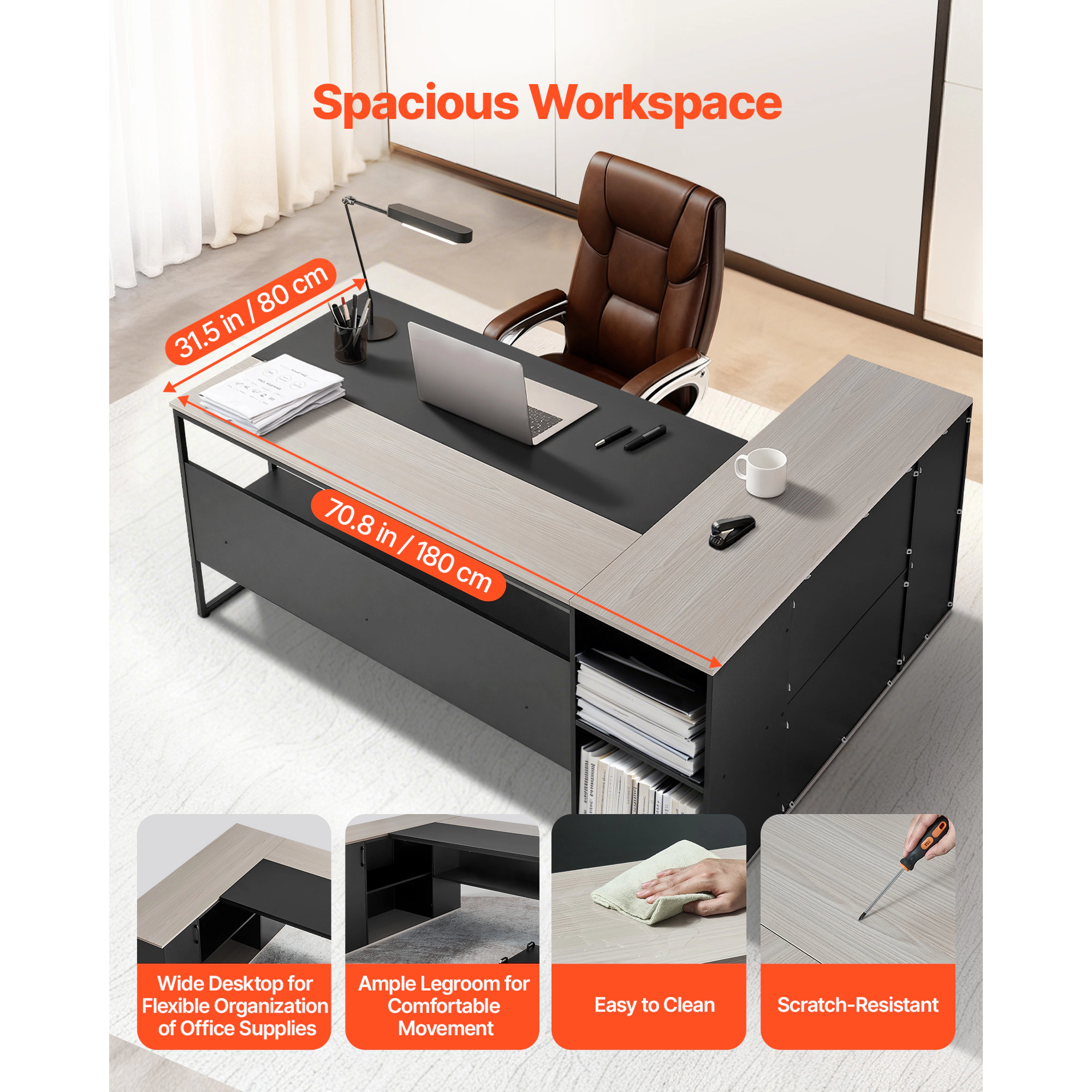 HONGGE Large Modern L-Shaped Executive Desk with Drawers, Storage Cabinet, Heavy Duty Wooden Table