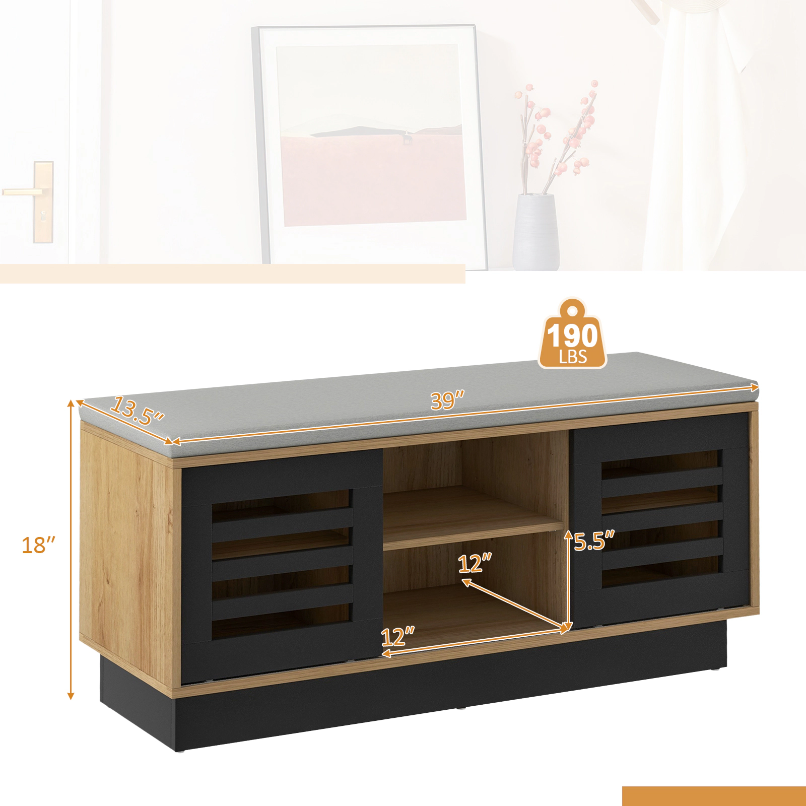 SUGIFT 39-in Shoe Storage Bench with 2 Sliding Doors 6 Compartments and Cushioned Entryway Window Seat