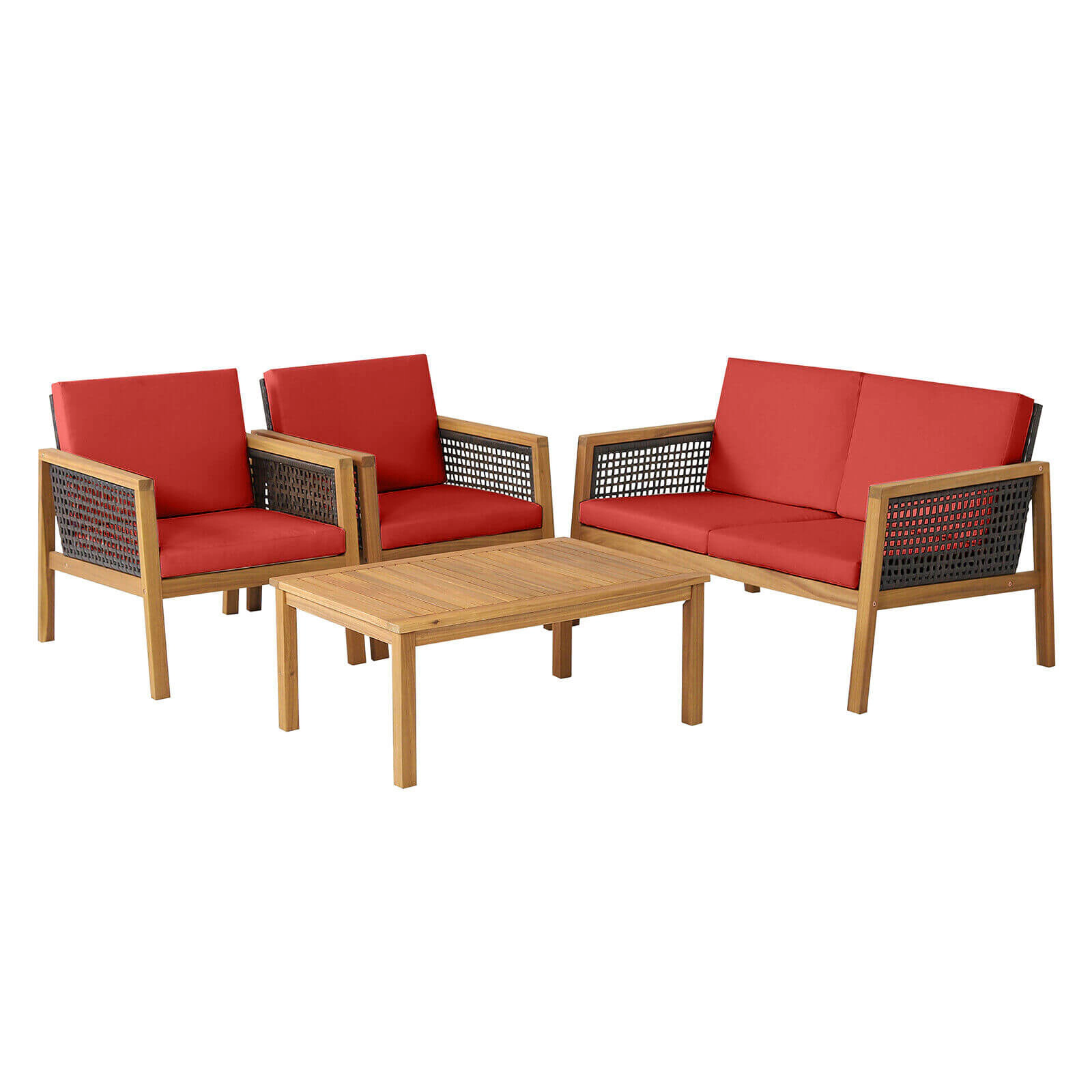 SUGIFT 4-Piece Red Rattan Patio Furniture Set with Acacia Loveseat, 2 Chairs and Table