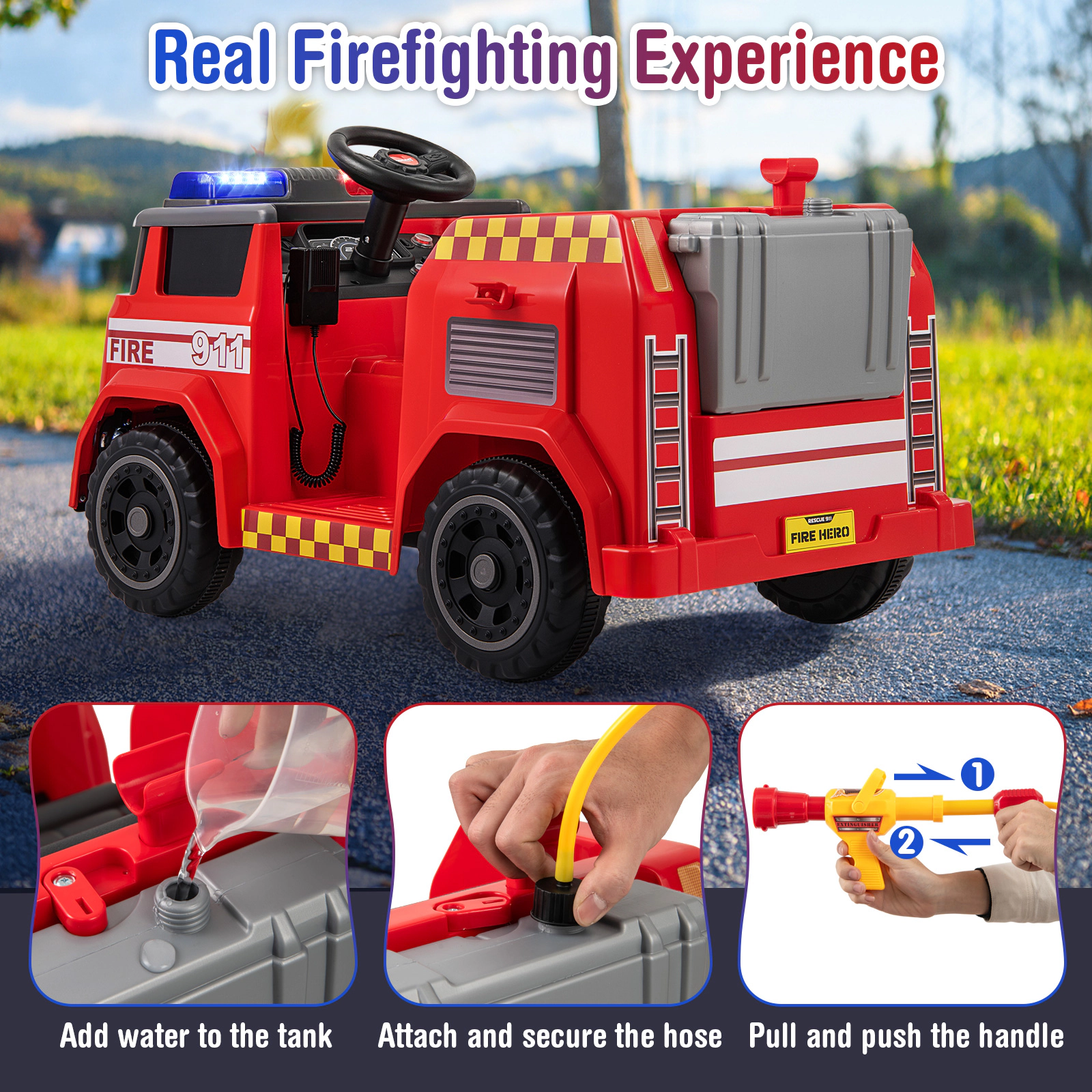 SUGIFT 12V Ride On Fire Truck Powered Car with Water Gun, Shovel and Wrench 55-lb Capacity Ages 37-95 Months Red