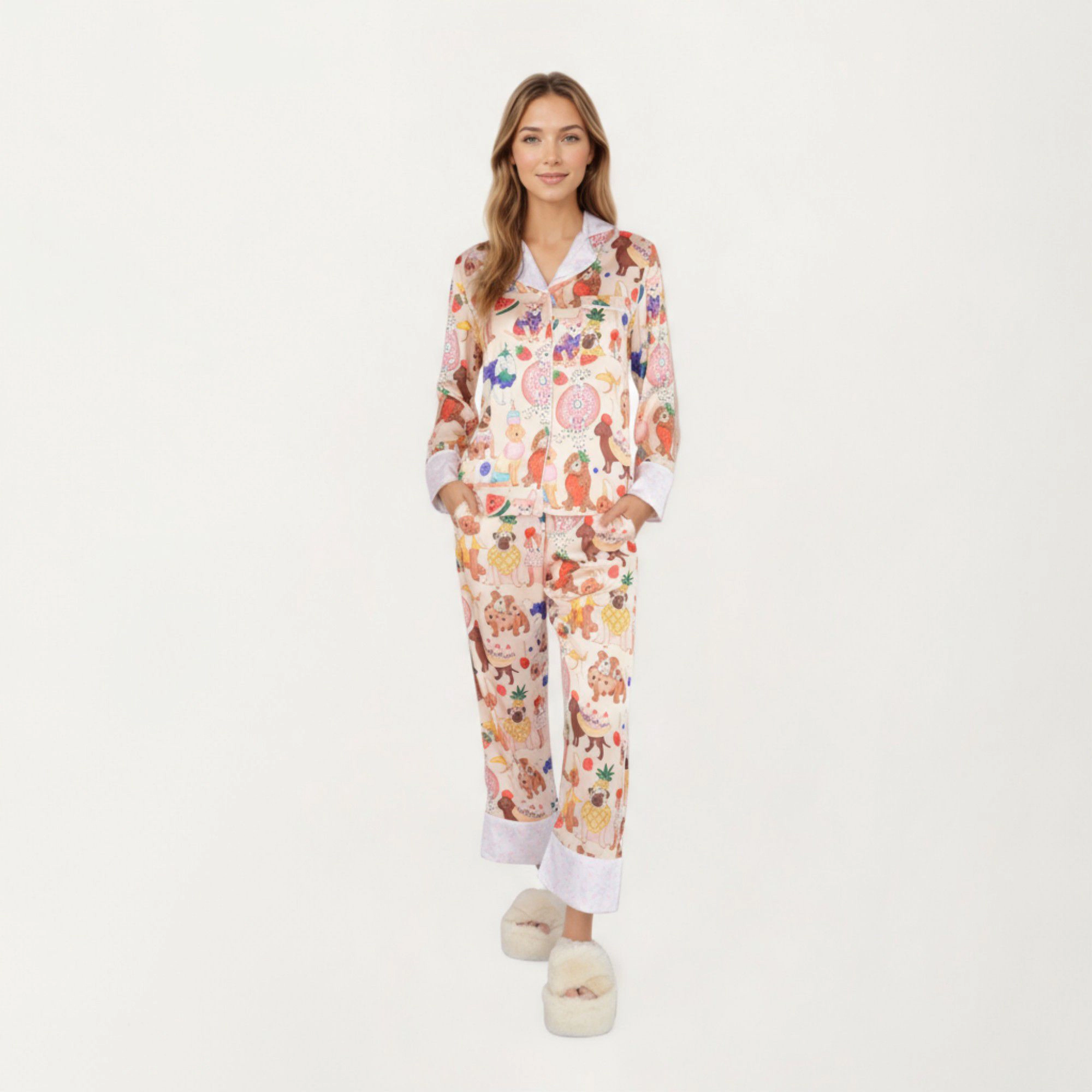 Anna-Kaci Women's 2-Piece Long Sleeve Button Front Top and Relaxed Fit Pants Pajama Set with Fun Dog Print