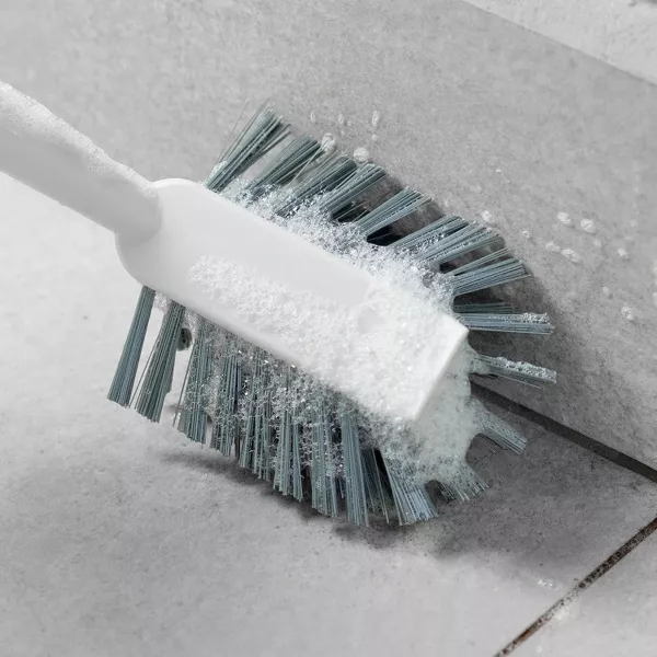 OU Multipurpose Scrub Brush, Heavy Duty Cleaning Brush for Bathroom & Kitchen Nonslip Soft Grip Handle Built-In Scraper