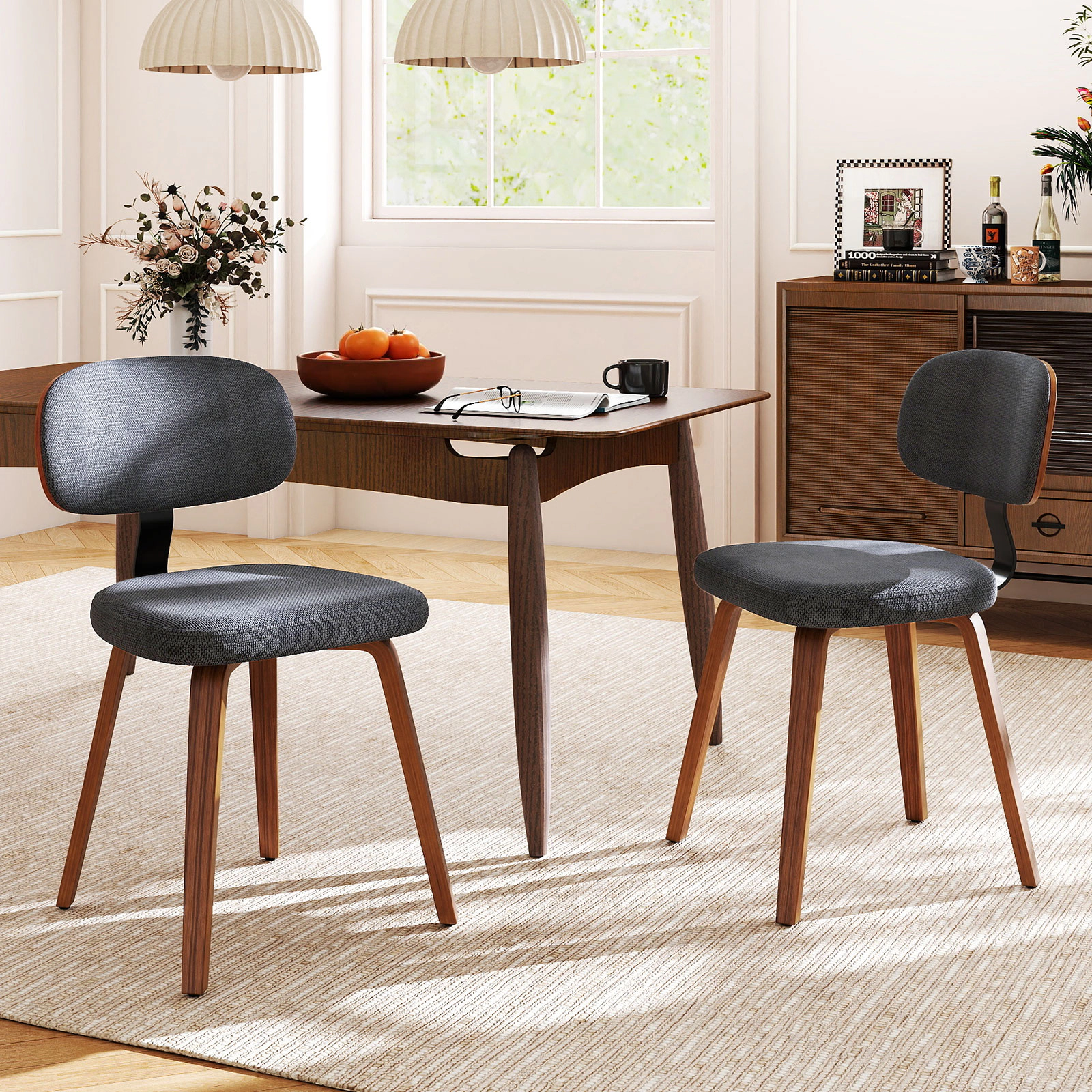 SUGIFT Chenille Fabric Upholstered Wooden Dining Chairs Set of 2 330-Lb Capacity Dark Gray